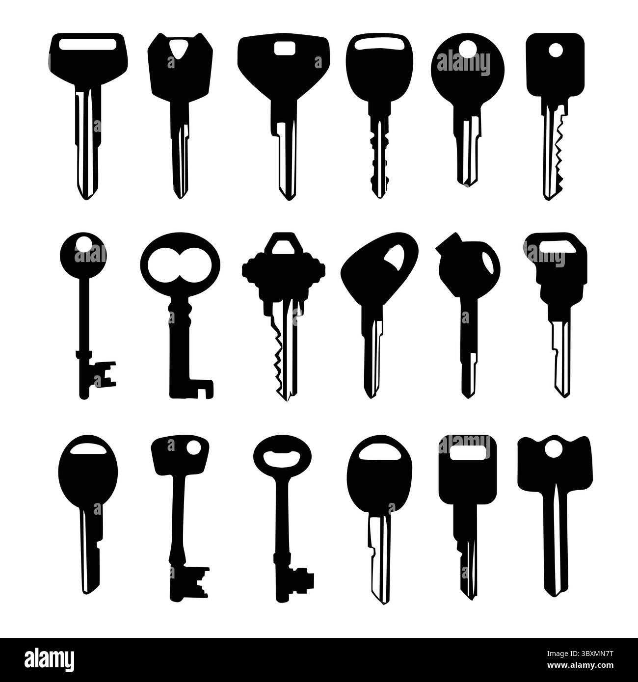 Satz von Key Stock schwarze Silhouettenabbildungen auf weißem Hintergrund Vol 02 Stock Vektor