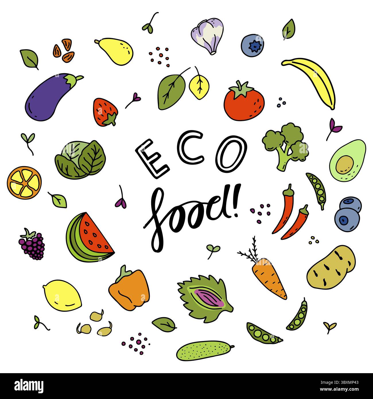 Set von verschiedenen Arten von Gemüse, Gemüse und Obst. Verschiedene Kritzeleien, einfache handgezeichnete Skizzen mit Eco Food Text. Vektor-Freihanddarstellung Stockfoto