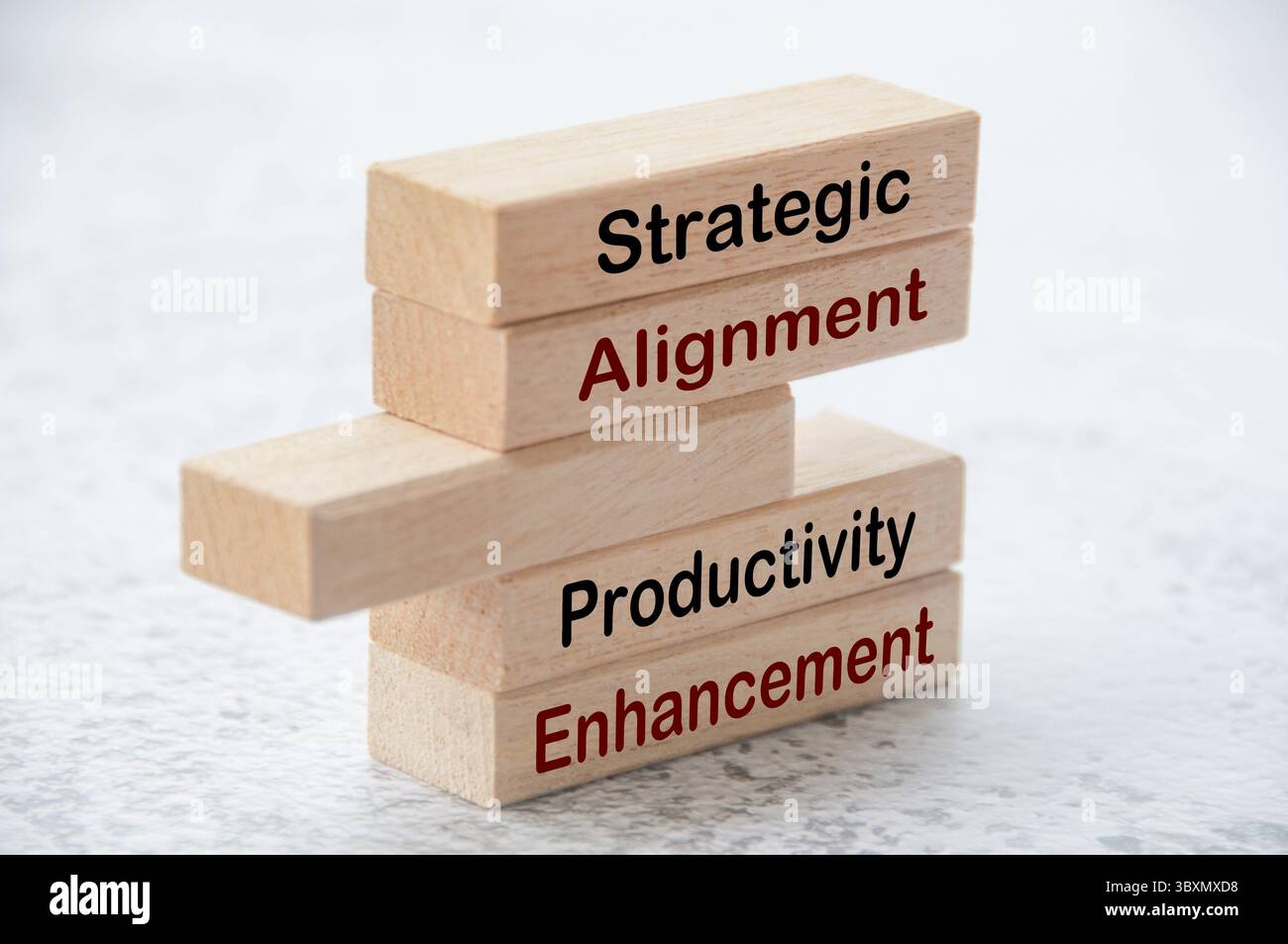 Text zur strategischen Ausrichtung und Produktivitätssteigerung auf Holzblöcken. Operational Excellence-Konzept Stockfoto