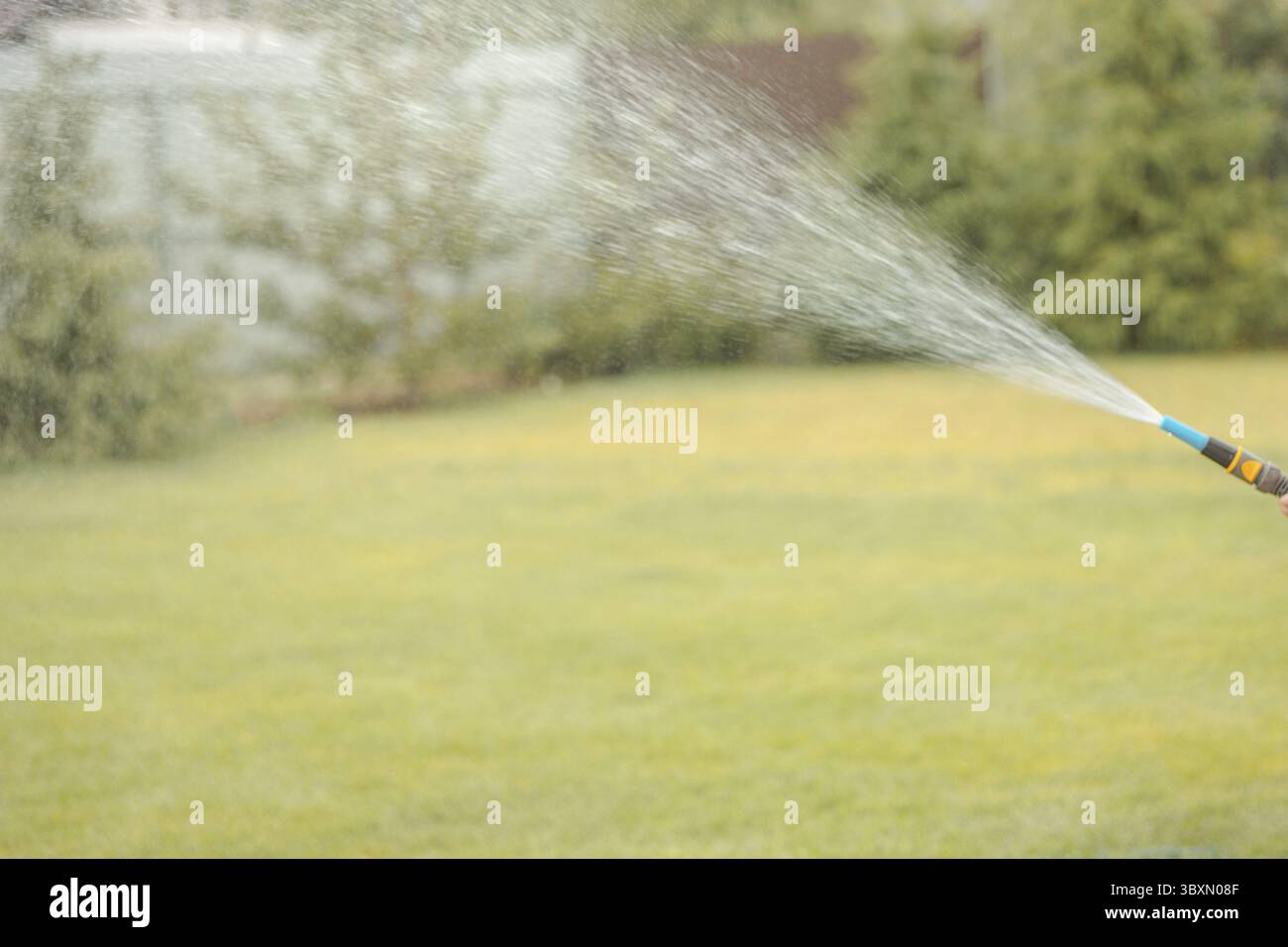 Bewässerung des Rasens. Bewässerungssystem Rasenregner sprühen Sie Wasser über frisches grünes Gras im Garten am Sommermorgen in der hellen Außensonne mit natürlicher Unschärfe Stockfoto
