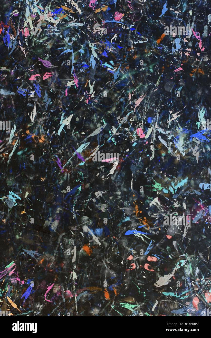 Abstrakter Malhintergrund. Farbstruktur. Pinselstriche von Farbe. Moderne Kunst. Zeitgenössische Kunst. Bunte Leinwand. Zufällige Wasserfarbe tropft. Pinselstriche Stockfoto