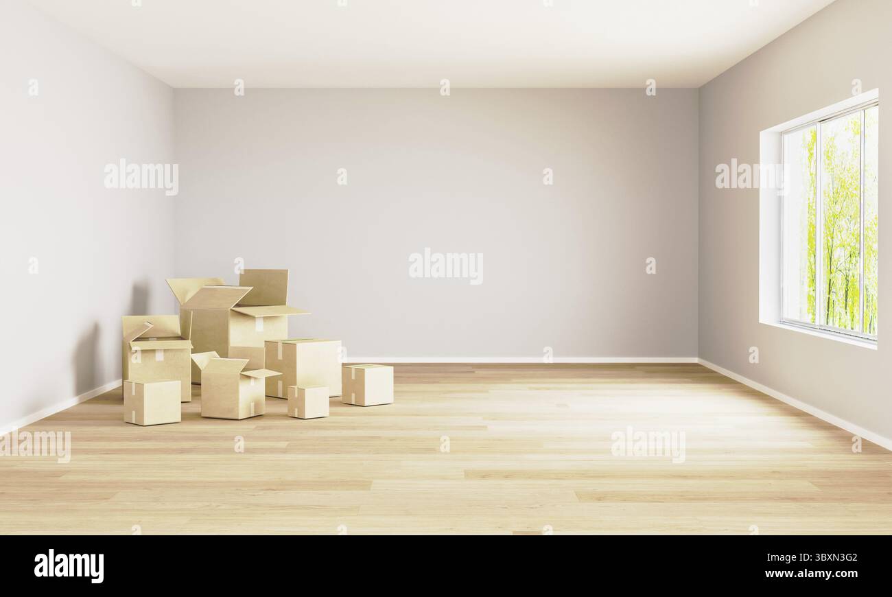 Leerer Raum mit Umzugskisten und Fenster. Umzugskonzept. Platz für Mockup. 3D Rendern. Zimmer mit hellen Wänden und Holzboden Stockfoto