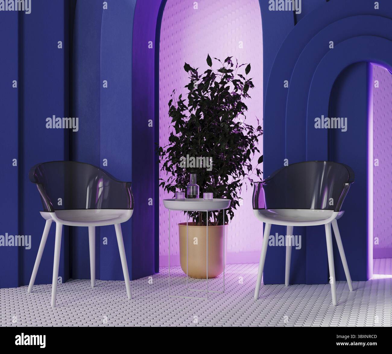 Stühle und Tisch in modernem Zimmer mit blauen Bögen, rosa Neonlicht und weißem Mosaikfliesenboden, 3D-Putz Stockfoto