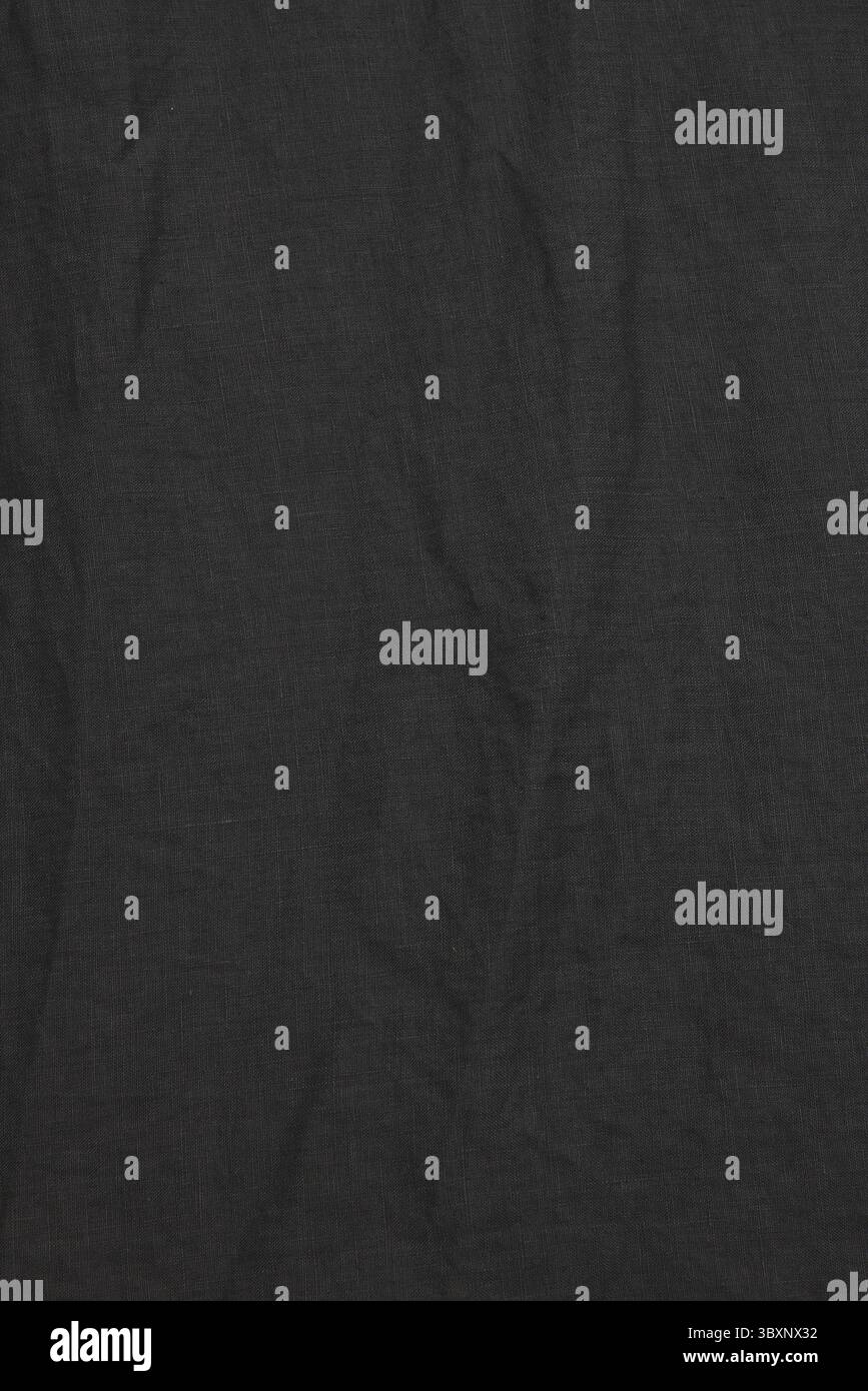 Natürliche Leinenstruktur. Detaillierter Closeup Vintage-Sackleinen aus strukturiertem Stoff, rustikaler Hintergrund in Schwarz, Grau. Makromuster Für Arbeitsfläche Stockfoto