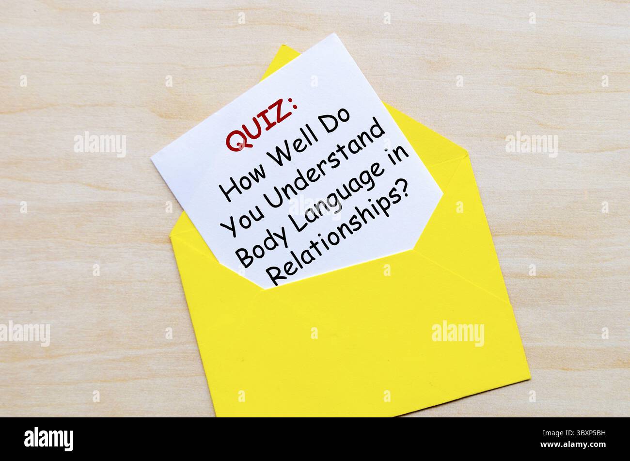 Ein Quiz darüber, wie gut Sie Körpersprache in Beziehungen verstehen. Zeit für Fragen und Antworten Stockfoto