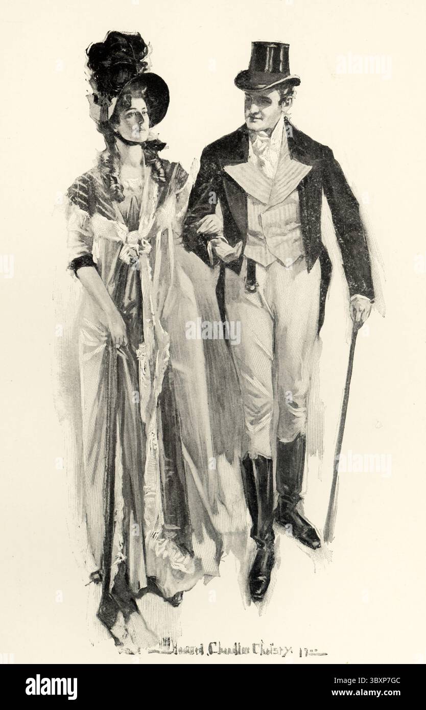 Die Bildunterschrift von 1901 lautet: „Emma, ich muss noch einmal mit dir sprechen.“ Die Passage stammt aus Jane Austens Roman „Emma“ aus dem Jahr 1817. Mr. Knightley spricht Emma zu Wort. Die Geschichte spielt im fiktiven Dorf Highbury und konzentriert sich auf die „hübsche, kluge und reiche“ Heldin Emma Woodhouse, die sich durch Matchmaking und Einmischung in das Leben ihrer Freunde und Nachbarn amüsiert. Jane Austen war eine bekannte englische Schriftstellerin, die vor allem für ihre sechs Romane bekannt ist, die scharfe soziale Kommentare bieten und Themen der Liebe, Ehe und sozialen Klasse innerhalb des englischen Landadels während des späten 18. Und frühen 1. Jahrhunderts erforschen Stockfoto