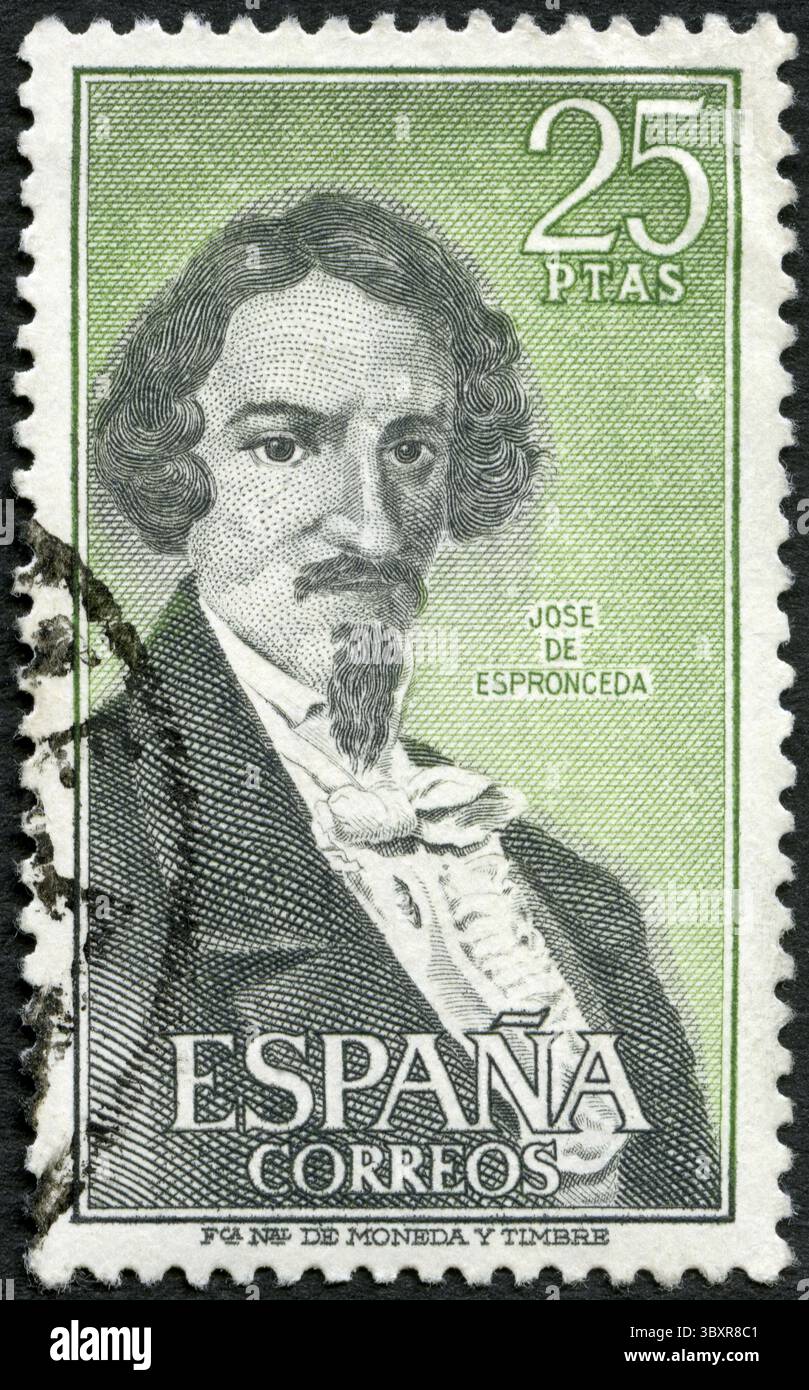 SPANIEN - UM 1972: Eine in Spanien gedruckte Briefmarke zeigt das Porträt von José de Espronceda, um 1972 Stockfoto