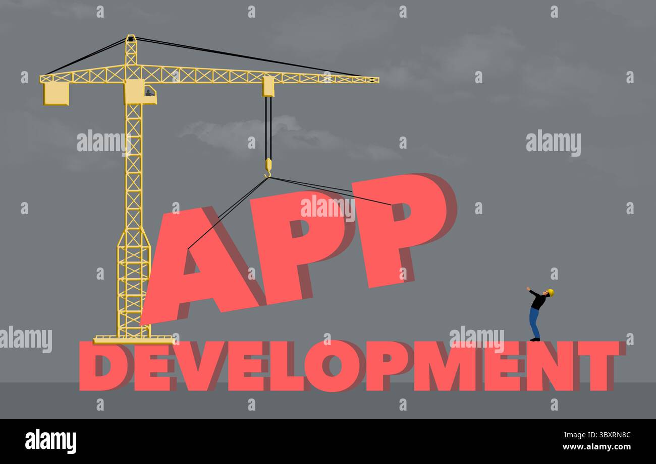 Ein Turmkran hebt in einer 3D-Illustration zur App-Entwicklung das Wort App in Position über das Wort Entwicklung. Stockfoto