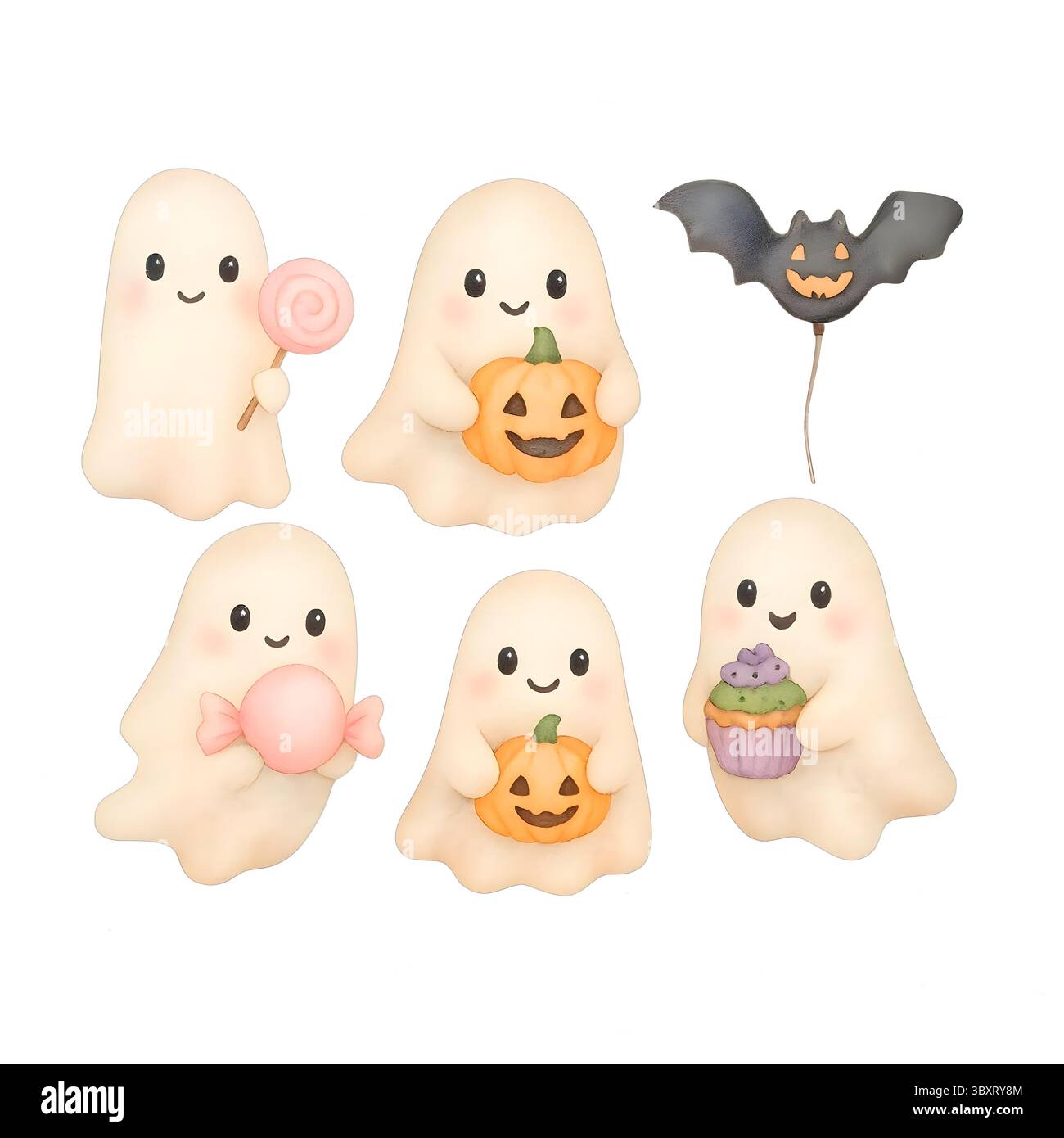 Niedliches Halloween-Geister-Clipart – weiche Aquarellillustrationen für gruselige Designs und Kunsthandwerk Stockfoto