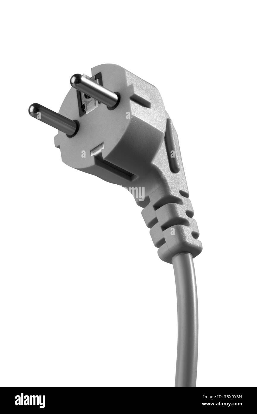 elektrische Kabel mit Stecker auf weißem Hintergrund Stockfoto