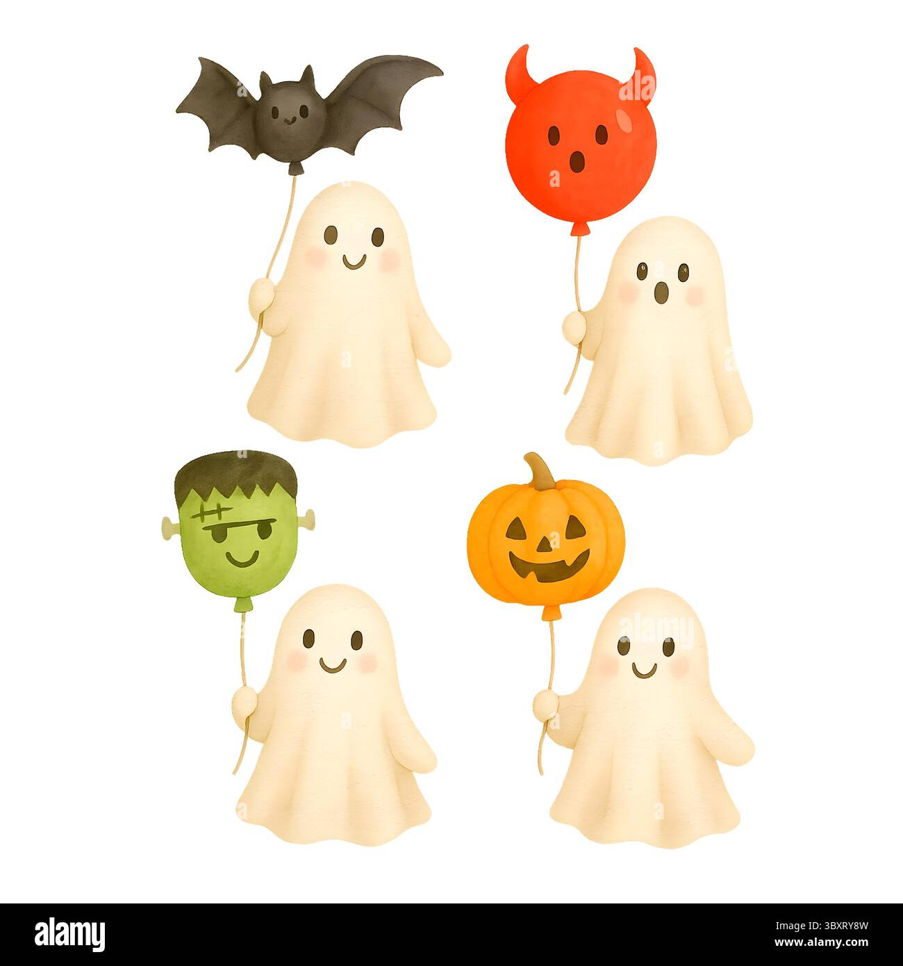 Niedliches Halloween-Geister-Clipart – weiche Aquarellillustrationen für gruselige Designs und Kunsthandwerk Stockfoto