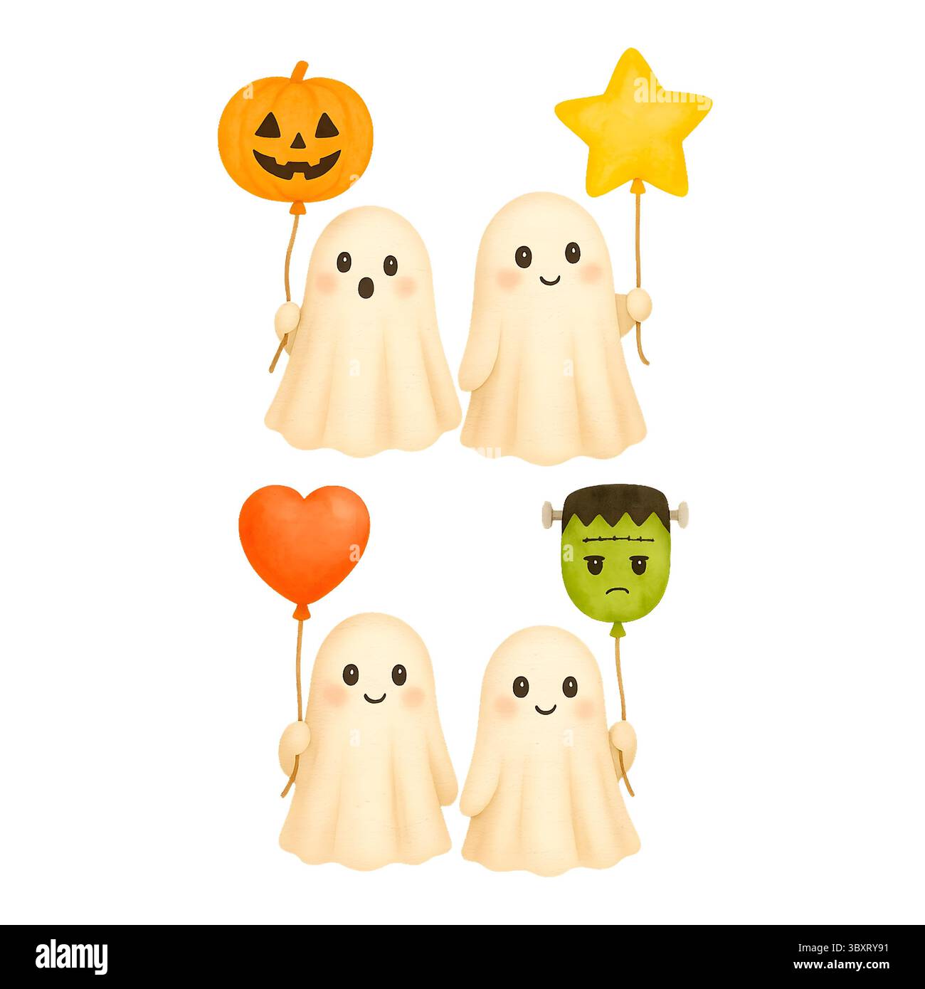 Niedliches Halloween-Geister-Clipart – weiche Aquarellillustrationen für gruselige Designs und Kunsthandwerk Stockfoto