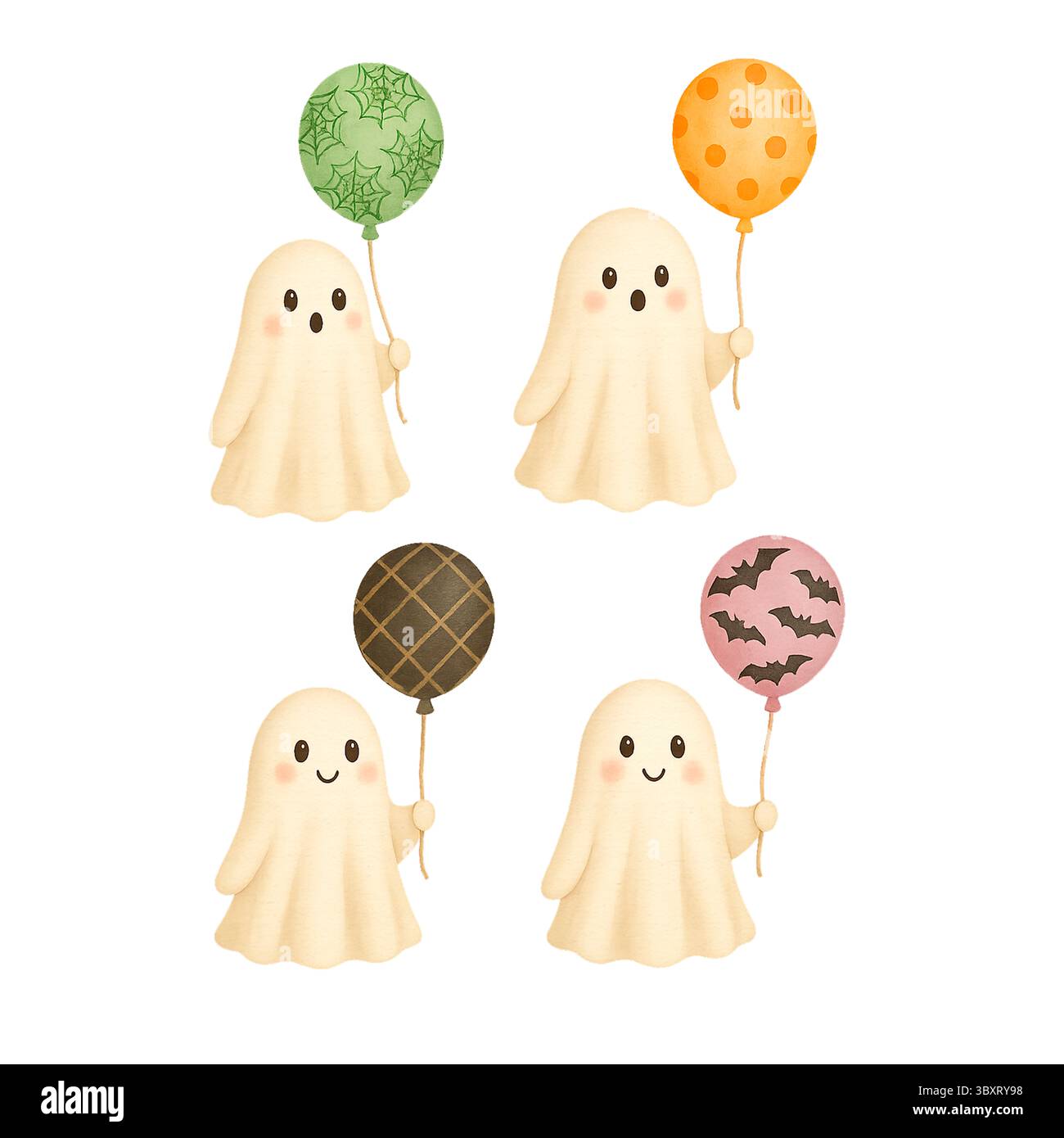 Niedliches Halloween-Geister-Clipart – weiche Aquarellillustrationen für gruselige Designs und Kunsthandwerk Stockfoto