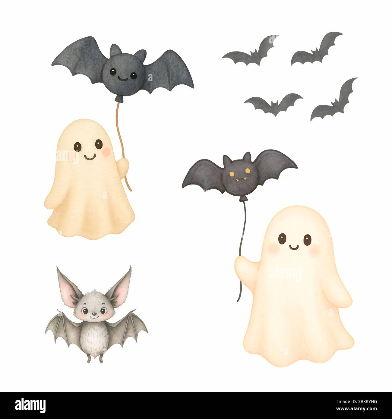 Niedliches Halloween-Geister-Clipart – weiche Aquarellillustrationen für gruselige Designs und Kunsthandwerk Stockfoto