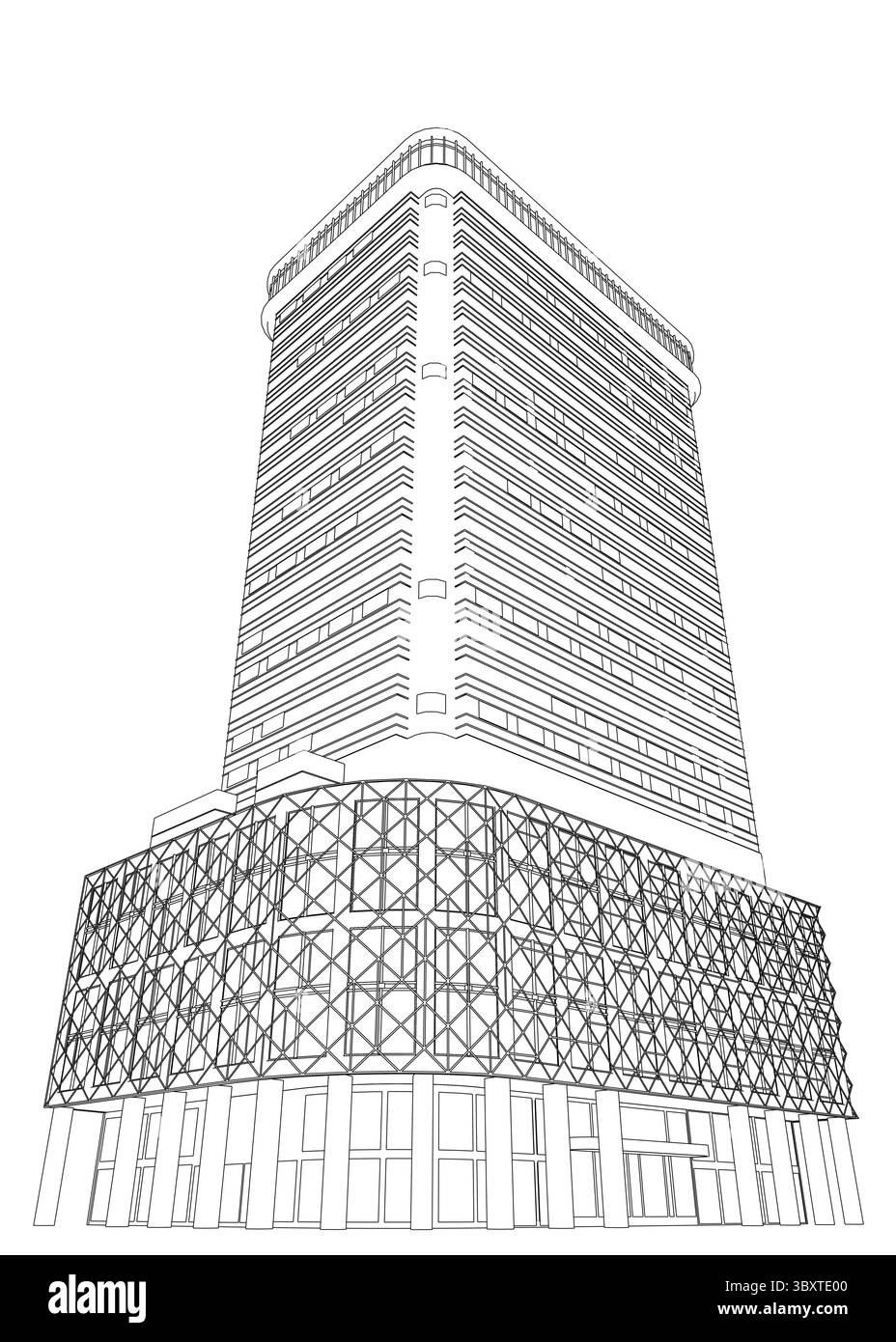 Ein großes, modernes Gebäude mit einem einzigartigen schrägen Dach und vielen Fenstern. Das Gebäude ist sehr hoch und hat ein elegantes, zeitgenössisches Design Stock Vektor