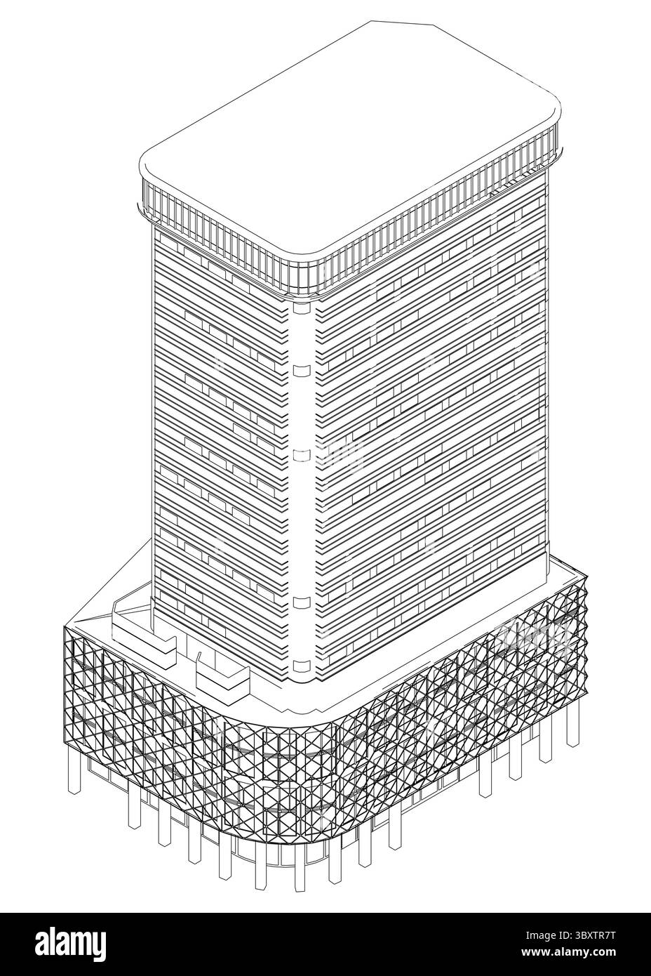 Ein großes, modernes Gebäude mit vielen Fenstern. Das Gebäude ist sehr hoch und hat ein schlankes, minimalistisches Design. Die Fenster sind gleichmäßig angeordnet Stock Vektor