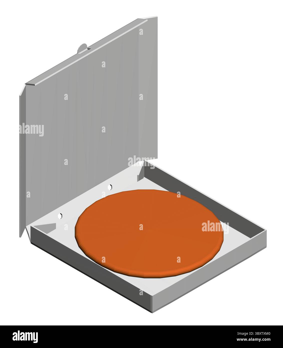 Eine Pizza ist in einer Kiste. Die Schachtel ist weiß und die Pizza orange. Isometrische Ansicht. 3D Stock Vektor