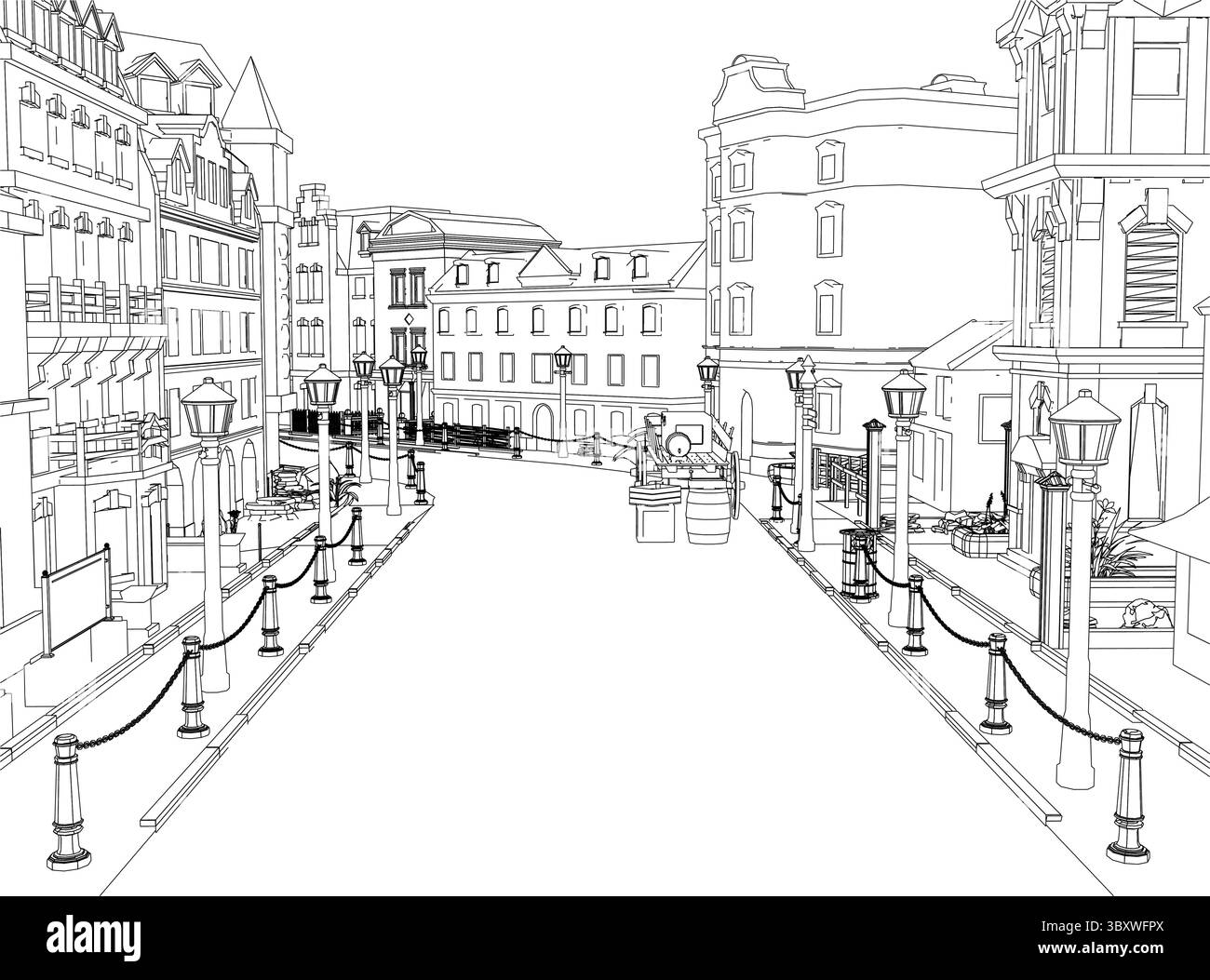 Eine Straßenszene mit weißem Hintergrund und einer schwarz-weißen Zeichnung einer Stadtstraße. Die Straße ist leer und hat ein Gefühl der Ruhe Stock Vektor