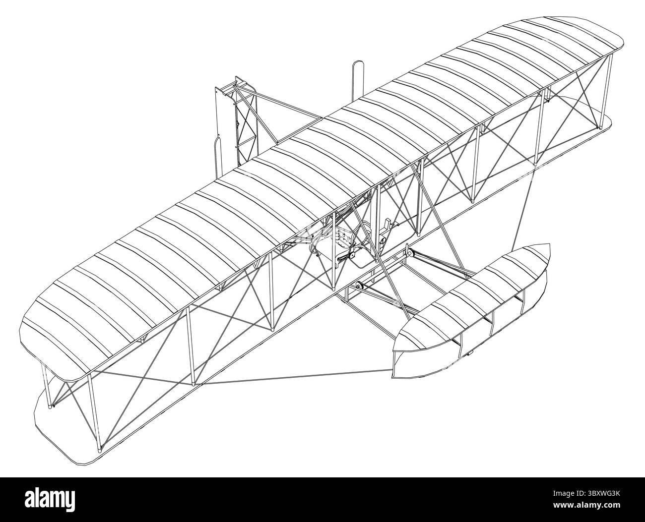 Eine schwarz-weiße Zeichnung eines Flugzeugs mit einem weißen Umriss. Das Flugzeug ist ein Doppeldecker mit einem weißen Flügel und einem schwarzen Körper. Das Flugzeug ist in dargestellt Stock Vektor