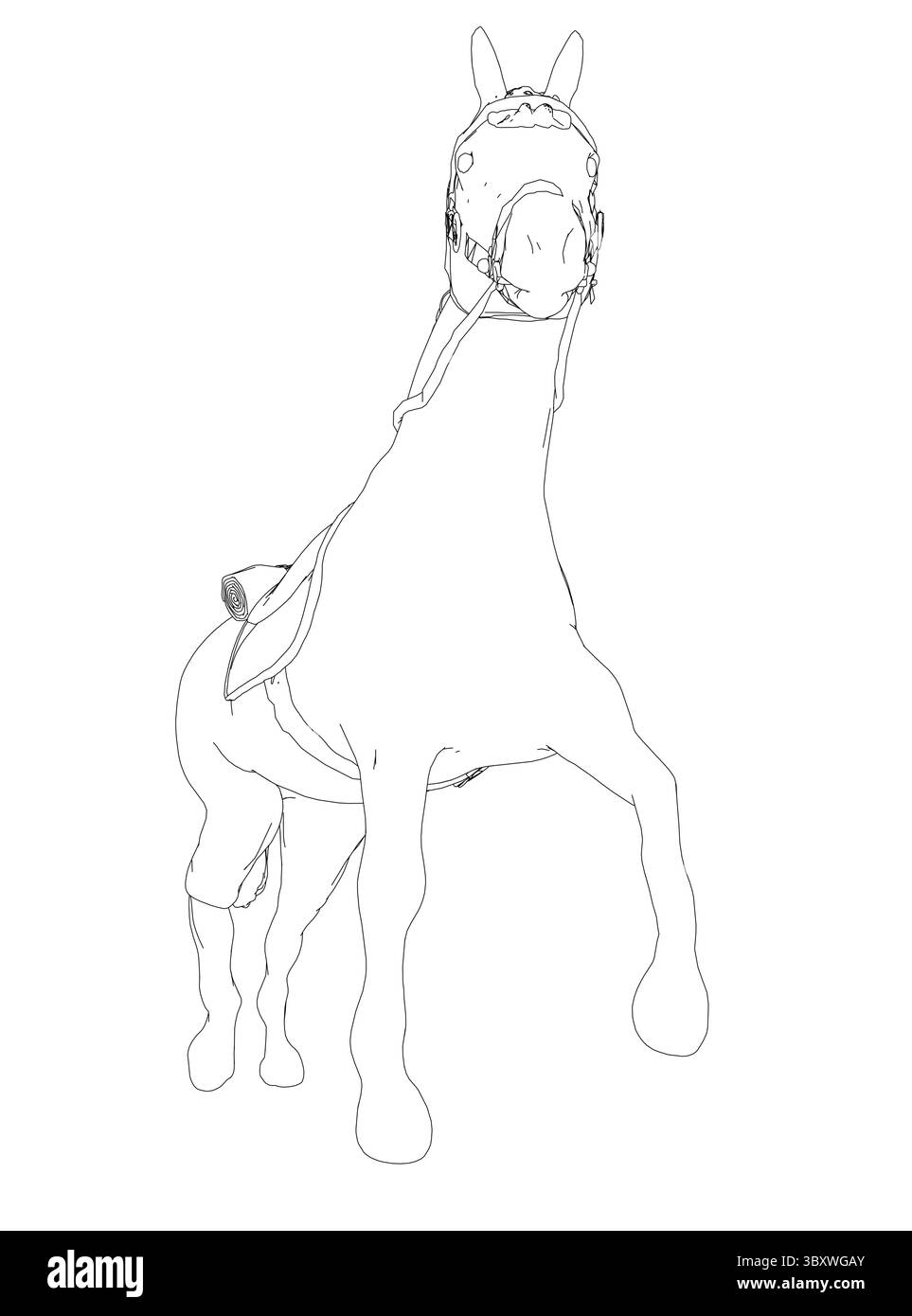 Ein Pferd steht auf einem Feld mit seitlichem Kopf. Das Pferd trägt Sattel und Zaumzeug Stock Vektor