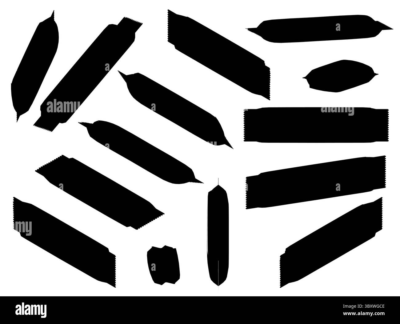 Sammlung von Snack-Silhouetten in verschiedenen Posen mit dynamischen und verspielten Arrangements. Die Bewegungen der Snacks sorgen für ein lustiges und fesselndes VI Stock Vektor
