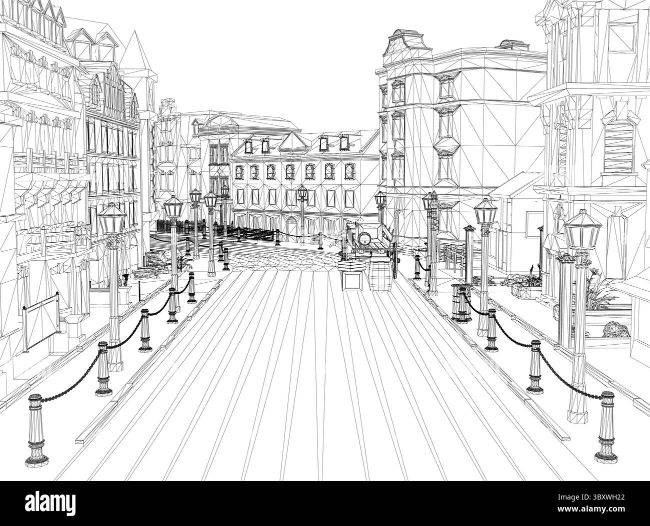 Eine Straßenszene mit einem Bürgersteig und einer Reihe von Straßenlaternen. Die Straße ist leer und die Gebäude sind hoch Stock Vektor