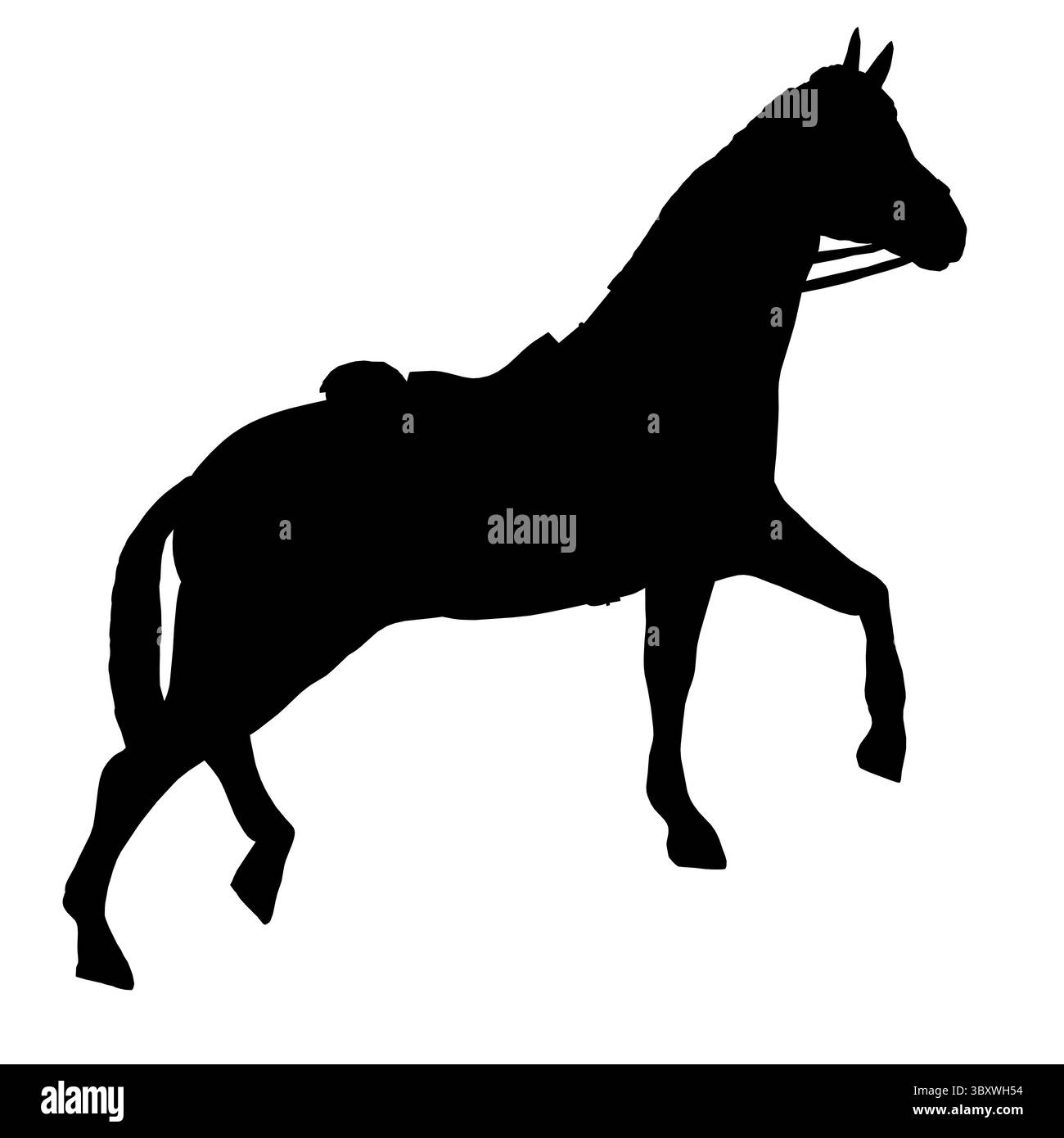 Ein Pferd ist in einer Silhouette dargestellt, wobei der Kopf hoch gehalten und die Beine weit gespreizt sind. Das Pferd steht auf einem weißen Hintergrund und es galoppiert oder Stock Vektor