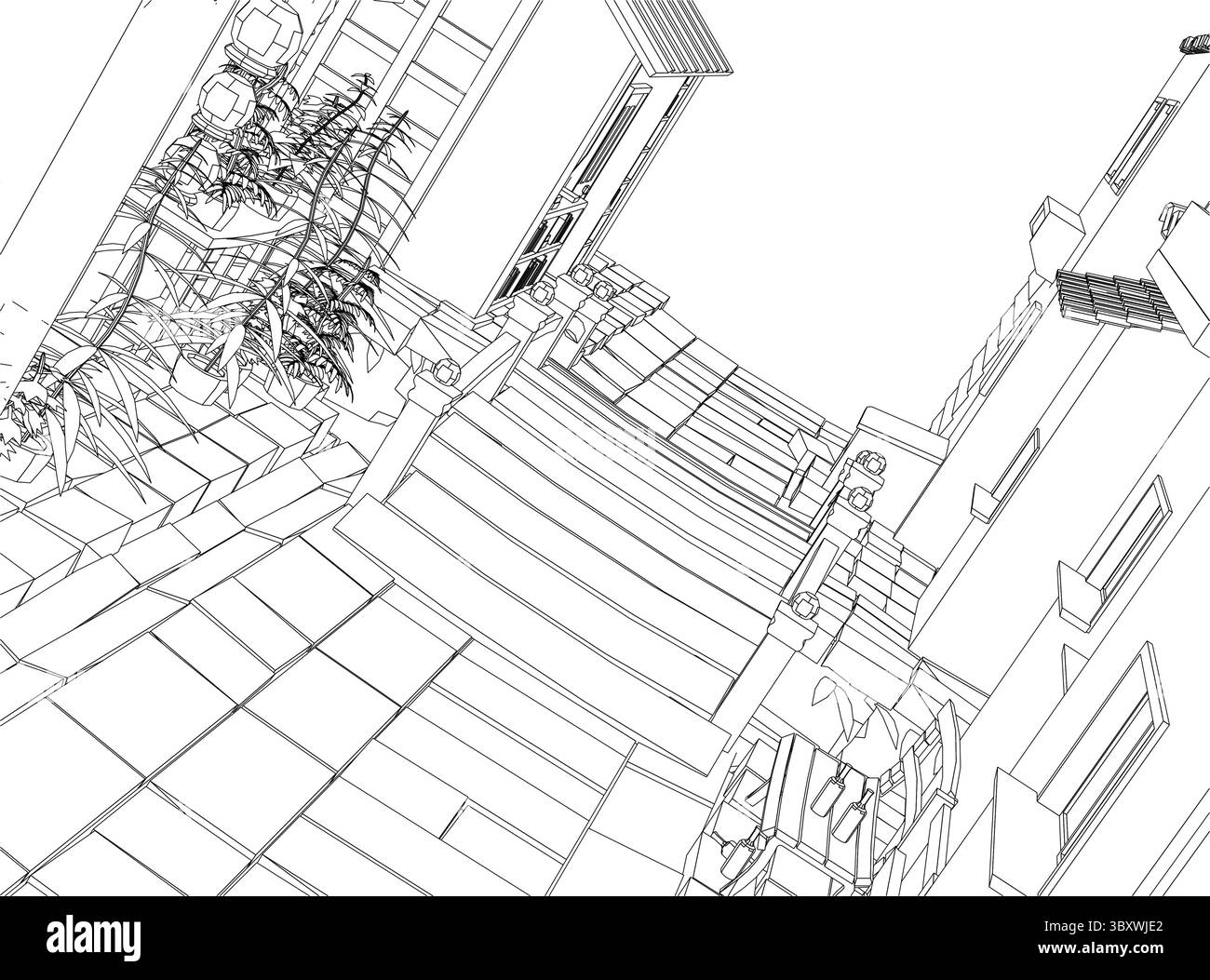 Eine Zeichnung einer Treppe mit einer Tür in der Mitte. Die Treppe ist aus Holz und sehr schmal Stock Vektor