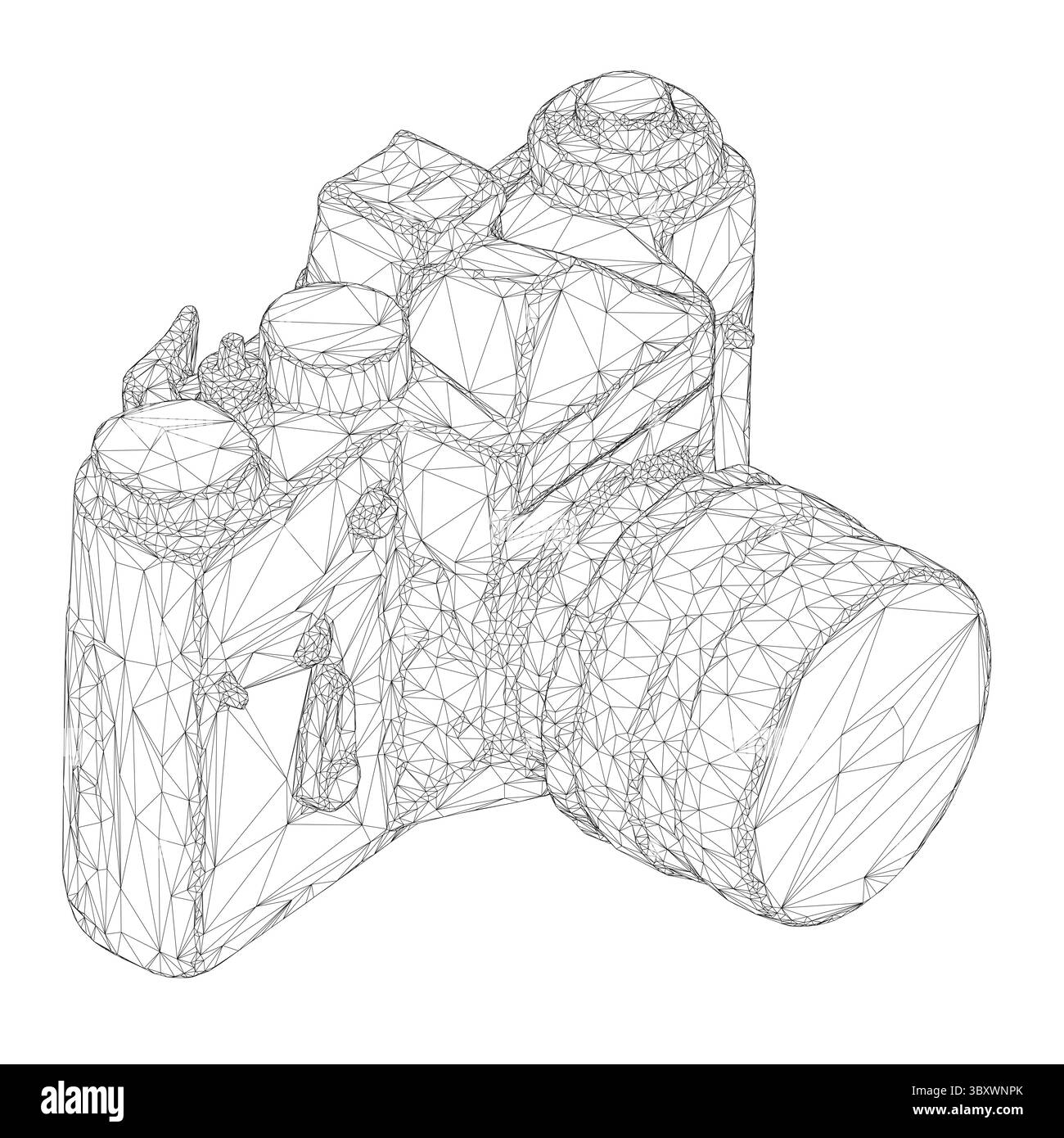 Eine Kamera wird in einer Schwarzweißzeichnung dargestellt. Die Kamera besteht aus vielen kleinen Stücken und ist ein sehr detailliertes und kompliziertes Kunstwerk. Die Nocke Stock Vektor