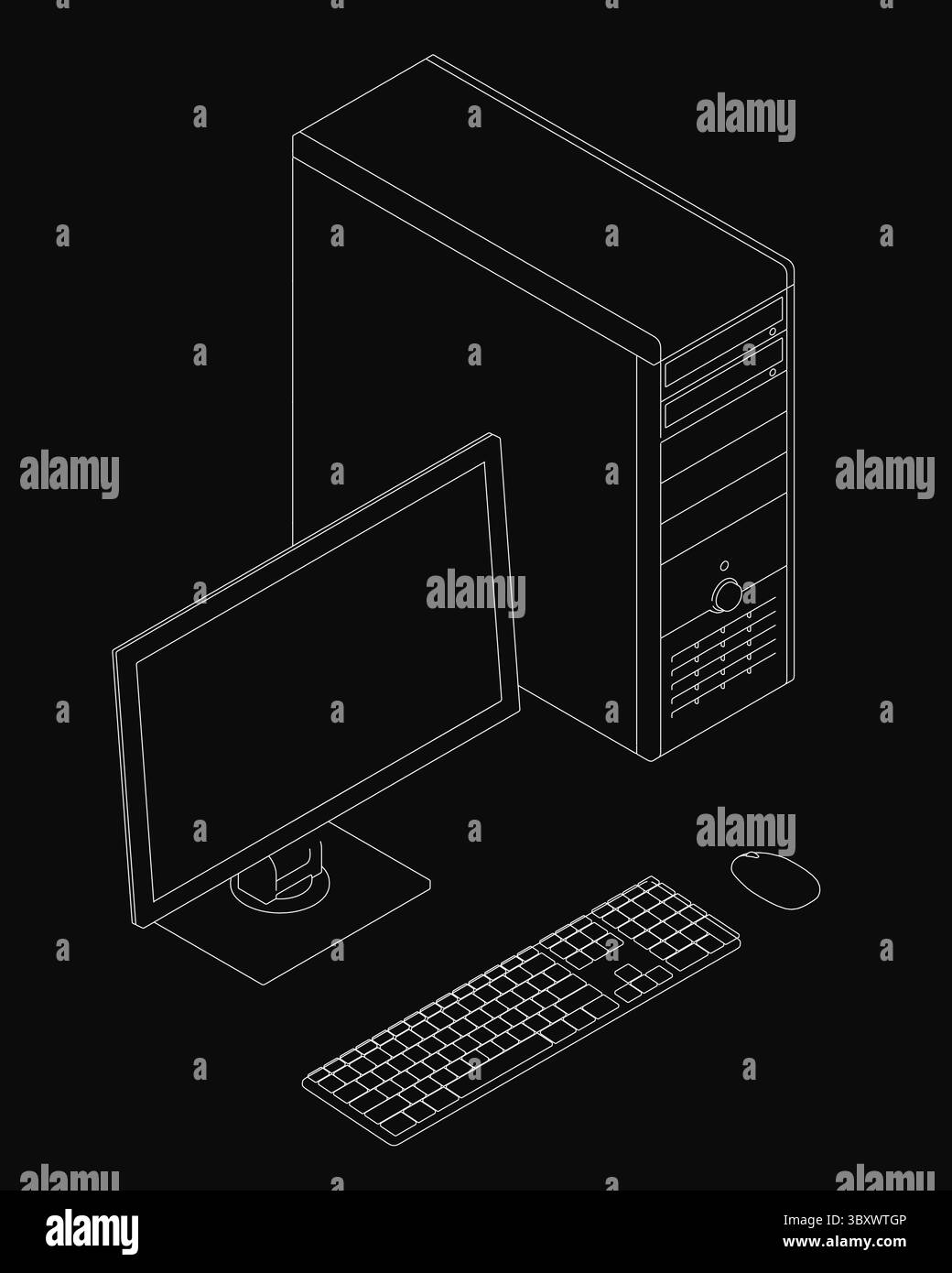 Ein Computermonitor und eine Tastatur sind in einer Schwarzweißzeichnung dargestellt. Der Computer ist ein Desktop-Computer mit einem Tower und einer Tastatur Stock Vektor