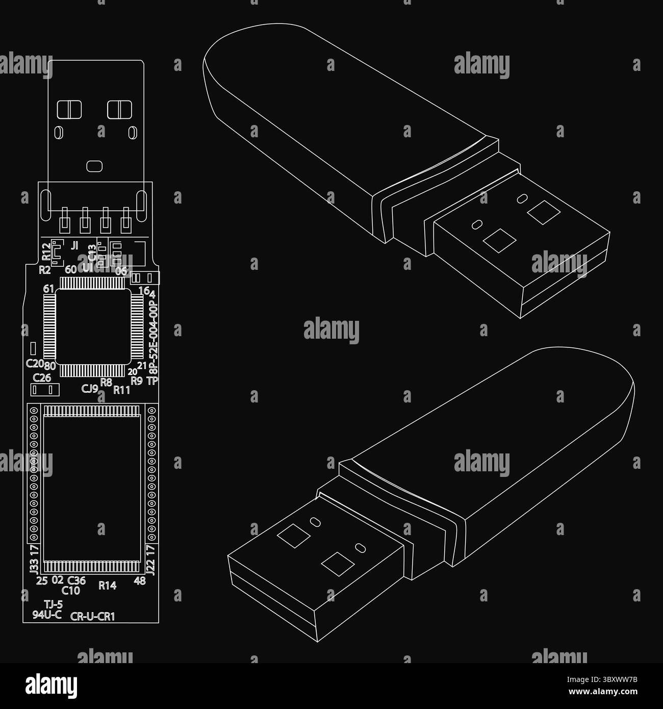 Nahaufnahme eines USB-Flash-Laufwerks mit schwarzem Hintergrund. Das Flash-Laufwerk wird in drei verschiedenen Ansichten dargestellt, wobei die Draufsicht den USB-Anschluss und zeigt Stock Vektor