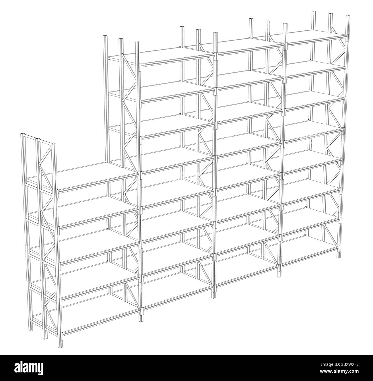 Ein hohes, schmales Regal mit vielen übereinander gestapelten Regalen. Das Regal auf der linken Seite ist leer, während das Regal auf der rechten Seite über ein Regal verfügt Stock Vektor
