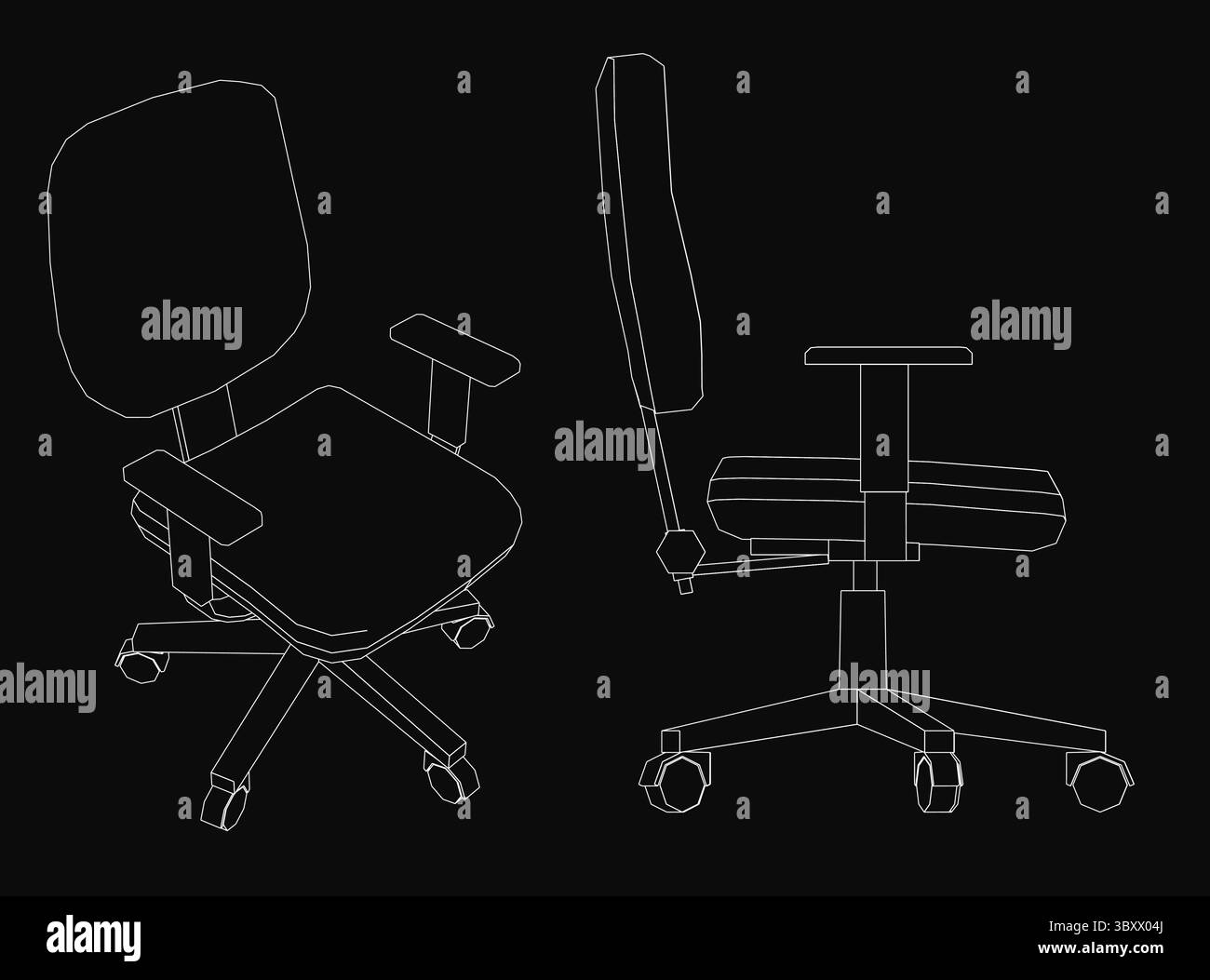Zwei ergonomische Bürostühle in einer schwarz-weißen Linienzeichnung mit schlankem Design mit geschwungener Rückenlehne, gepolstertem Sitz und vier Rädern für die Mobilität Stock Vektor