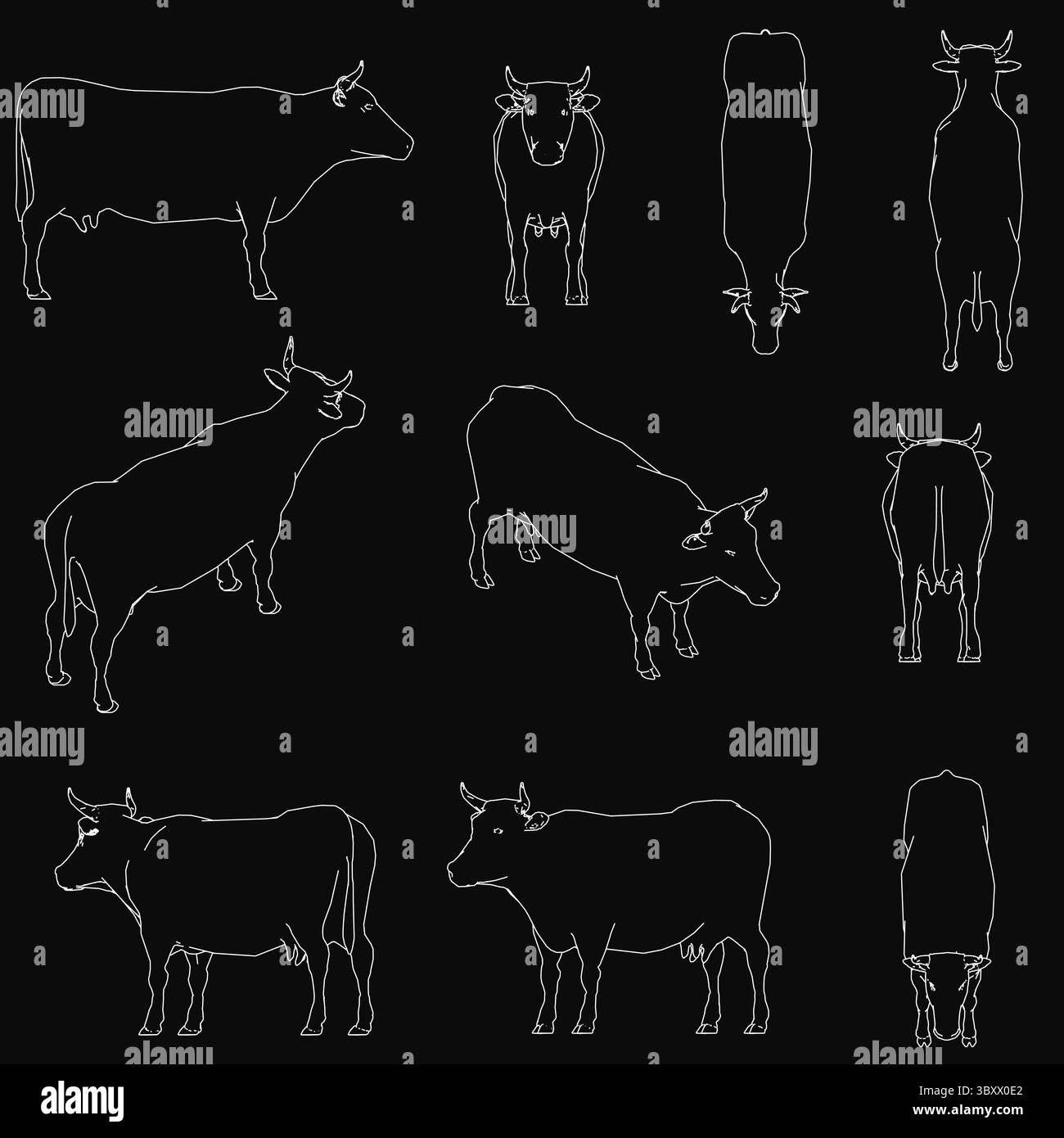 Eine Reihe von Kuhsilhouetten in verschiedenen Größen und Formen hebt sich vor einem schwarzen Hintergrund hervor und sorgt für einen auffälligen Kontrast. Das minimalistische Design Highli Stock Vektor