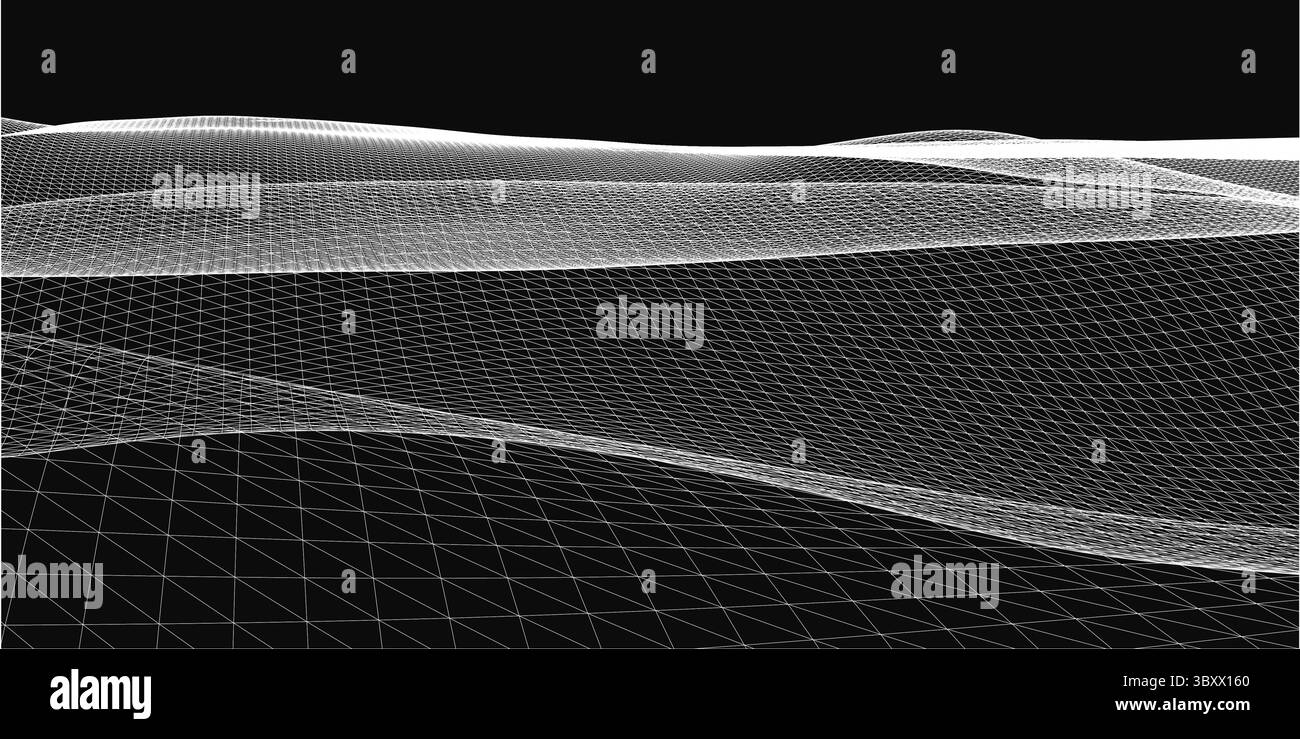 Abstrakter Schwarzweiß-Hintergrund mit welligen Linien, die an schneebedeckte Landschaften erinnern. Der grafische Effekt erzeugt ein dynamisches, fließendes Muster mit h Stock Vektor
