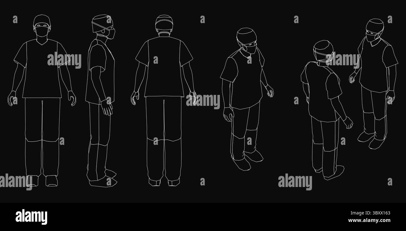 Ein männlicher Arzt in einem schwarzen Hemd und einer schwarzen Hose trägt eine chirurgische Maske vor einem dunklen Hintergrund. Die Linienzeichnung weist klare, einfache Konturen auf Stock Vektor