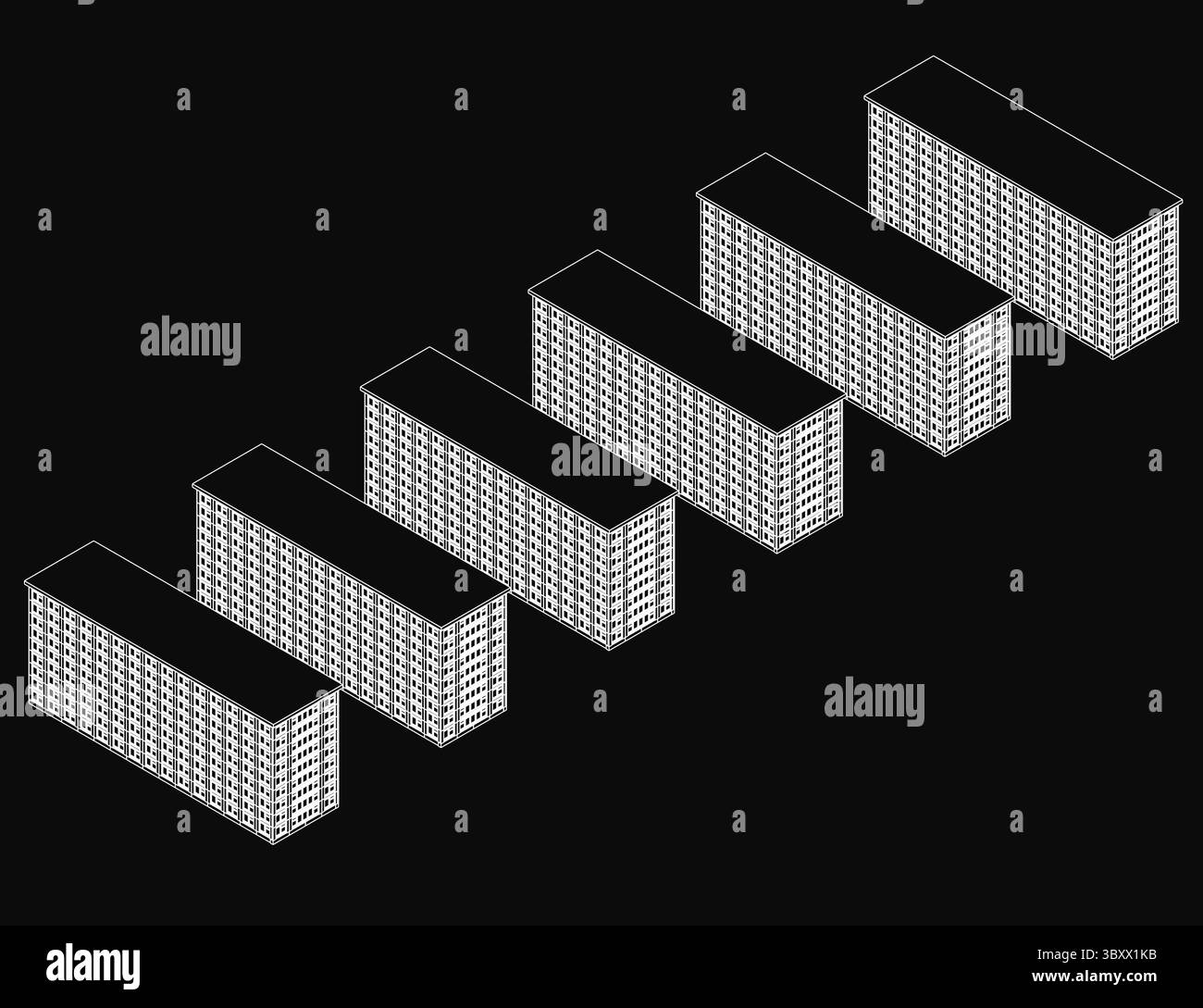 Eine Reihe von Gebäuden mit schwarzem Hintergrund. Die Gebäude sind alle gleich hoch und nebeneinander angeordnet Stock Vektor