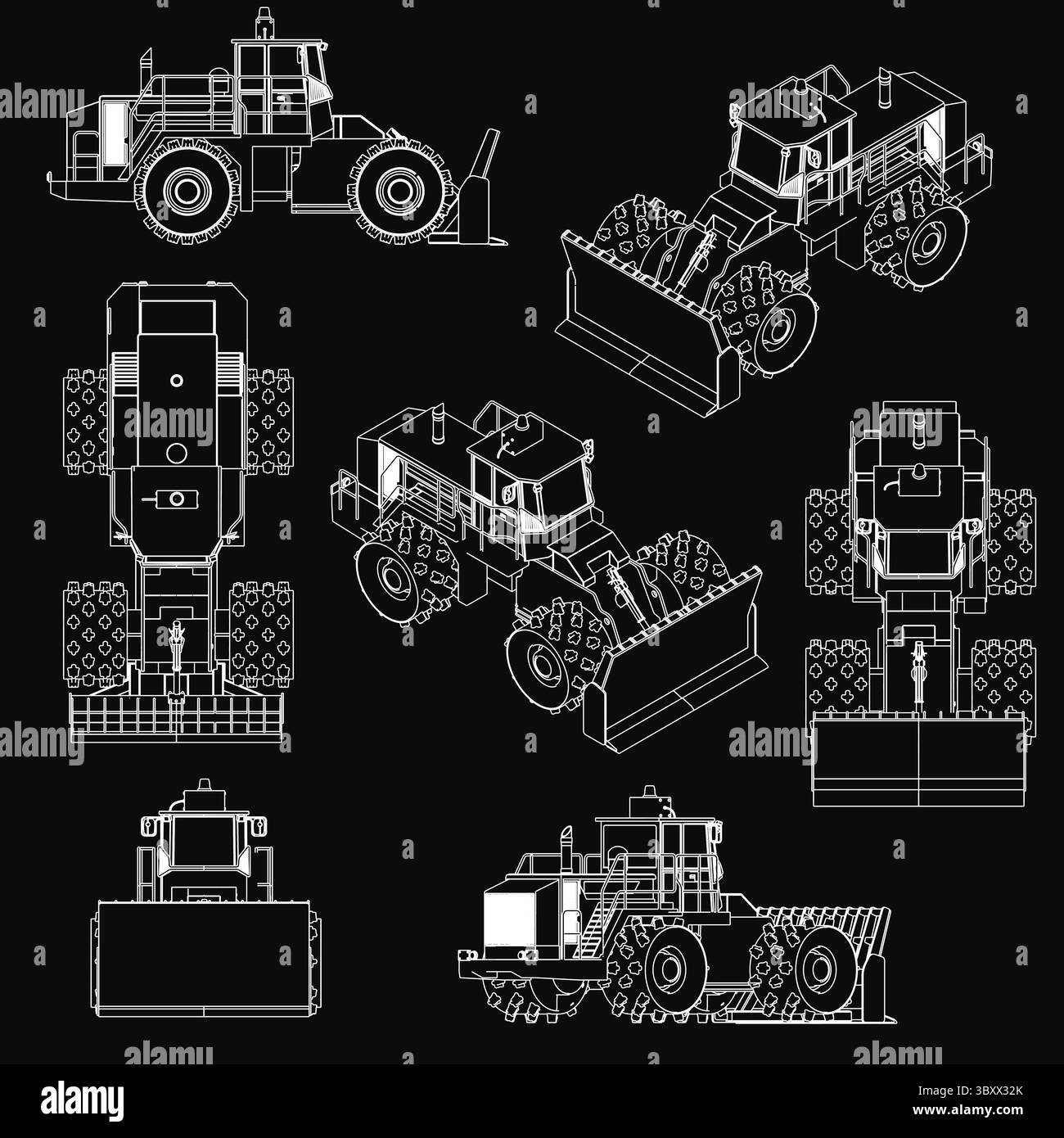 Ein Satz detaillierter Traktoren auf schwarzem Hintergrund mit Planierschild, Kipplader und Traktor. Jede Maschine verfügt über einzigartige Designelemente, Showca Stock Vektor