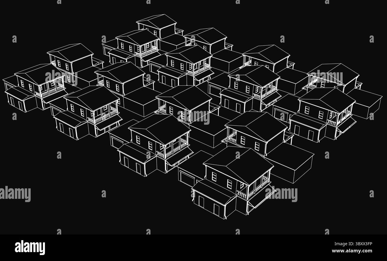 Eine Reihe von Häusern in Schwarz-weiß-Zeichnung, jedes mit detaillierten Fenstern und Balkonen. Der dunkle Hintergrund schafft eine geheimnisvolle urbane Atmosphäre Stock Vektor