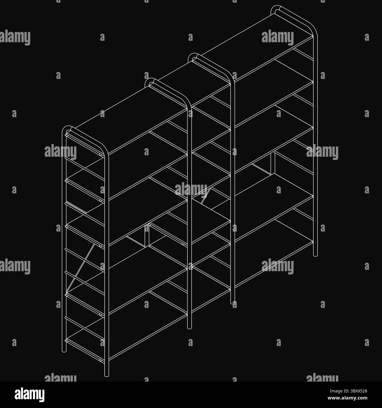 Schwarz-weiße Linienzeichnung eines eleganten, modernen Bücherregals mit vier stabilen Regalen, ideal für die Organisation von Büchern, Zeitschriften und dekorativen Gegenständen. Perfekt Stock Vektor