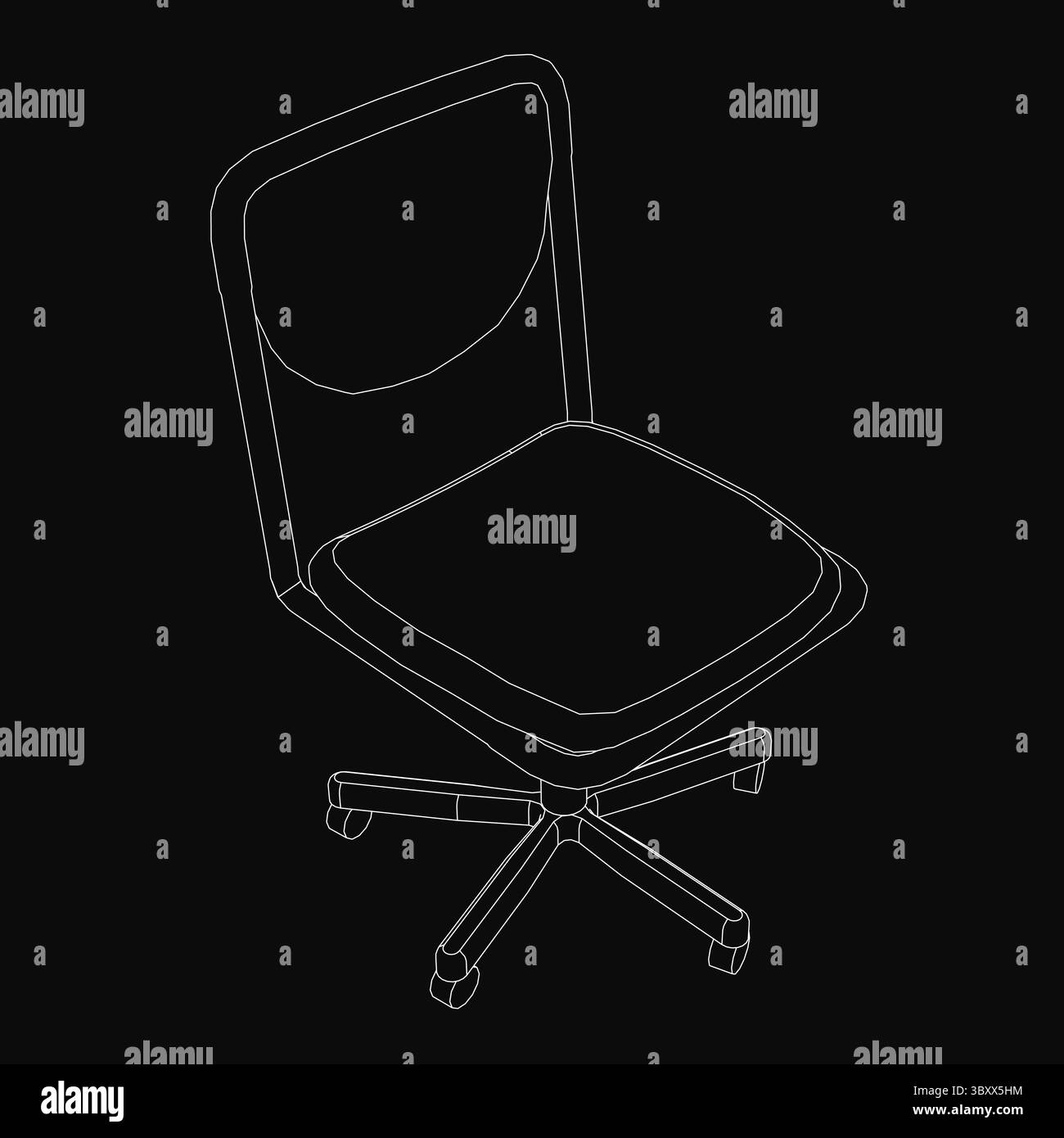 Schwarz-weiße Linienzeichnung eines eleganten modernen Bürostuhls mit geschwungener Rückenlehne und Armlehnen, vier konischen Beinen und neutraler Stoffpolsterung. Die Stock Vektor