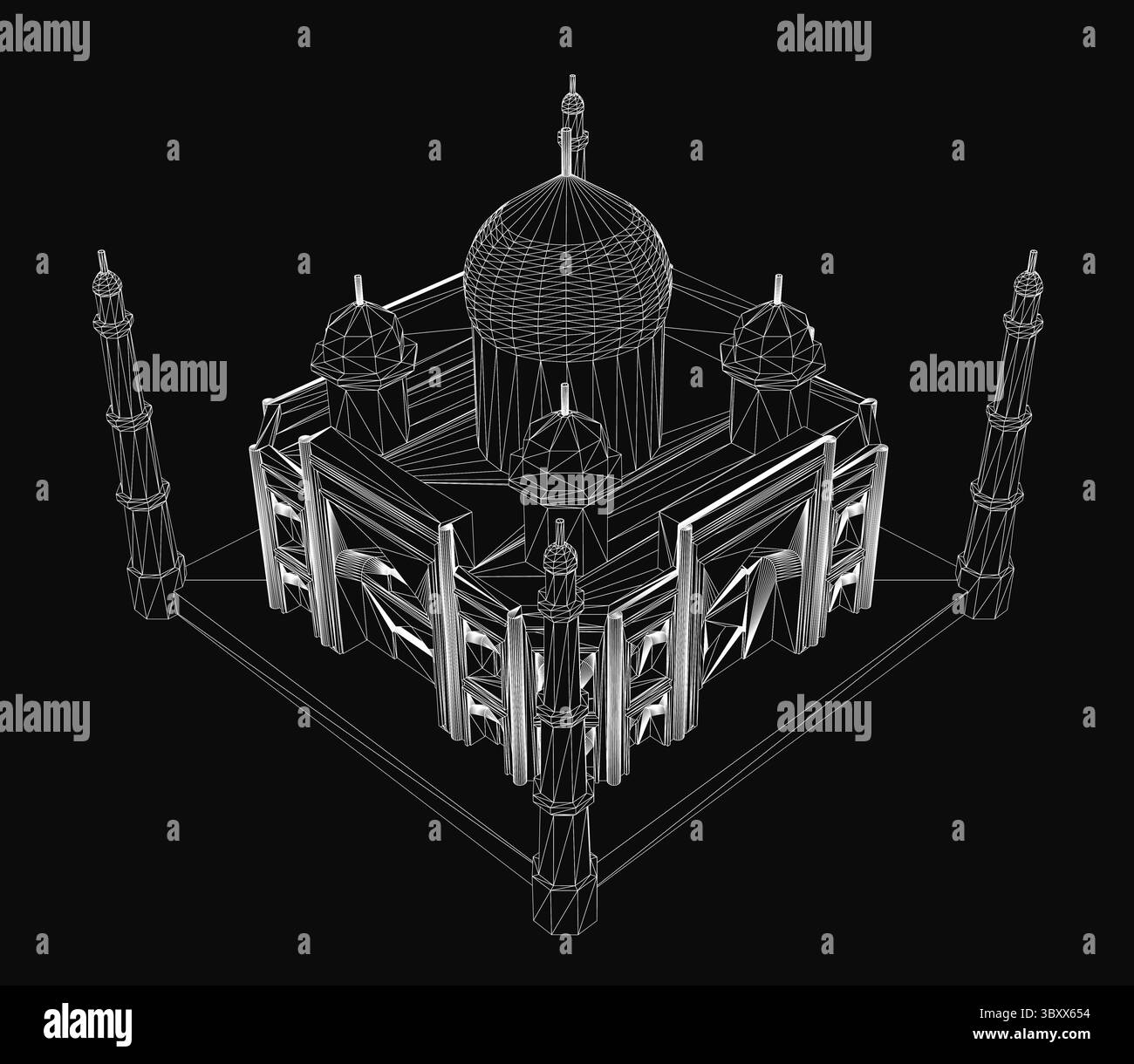 Ein 3D-Modell einer Moschee mit einer markanten Kuppel, die im Stil des Taj Mahal gestaltet wurde und für Kontraste auf dunklem Hintergrund steht. Stock Vektor