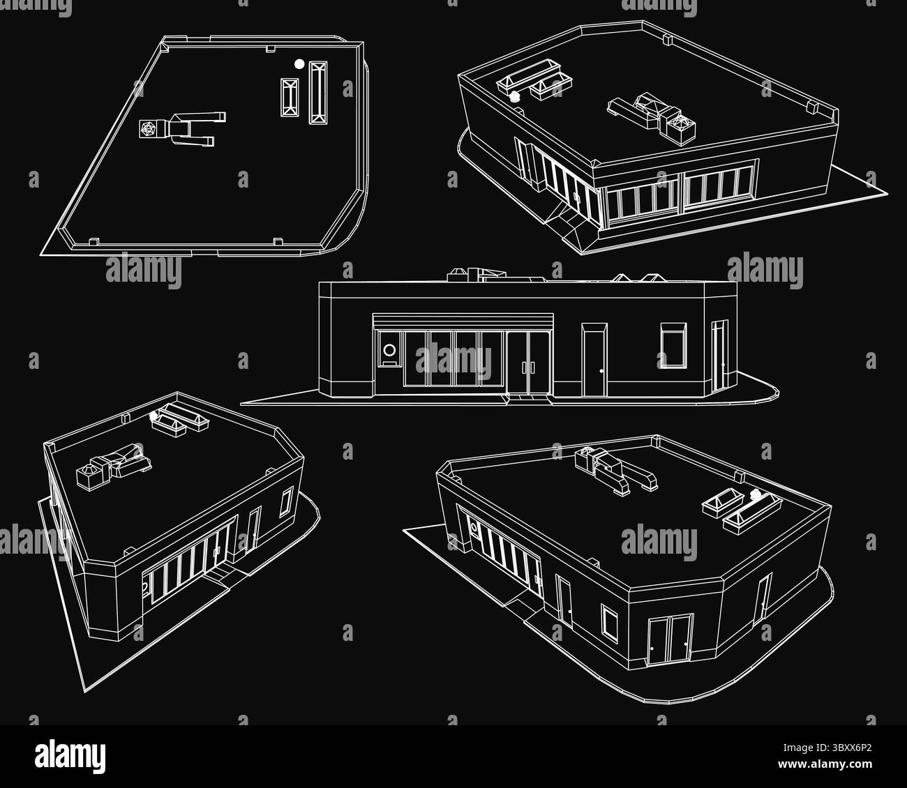 Konturgebäude auf schwarzem Hintergrund weisen vier unterschiedliche architektonische Entwürfe auf, die symmetrisch angeordnet sind. Jede Struktur zeigt einzigartige Formen, si Stock Vektor