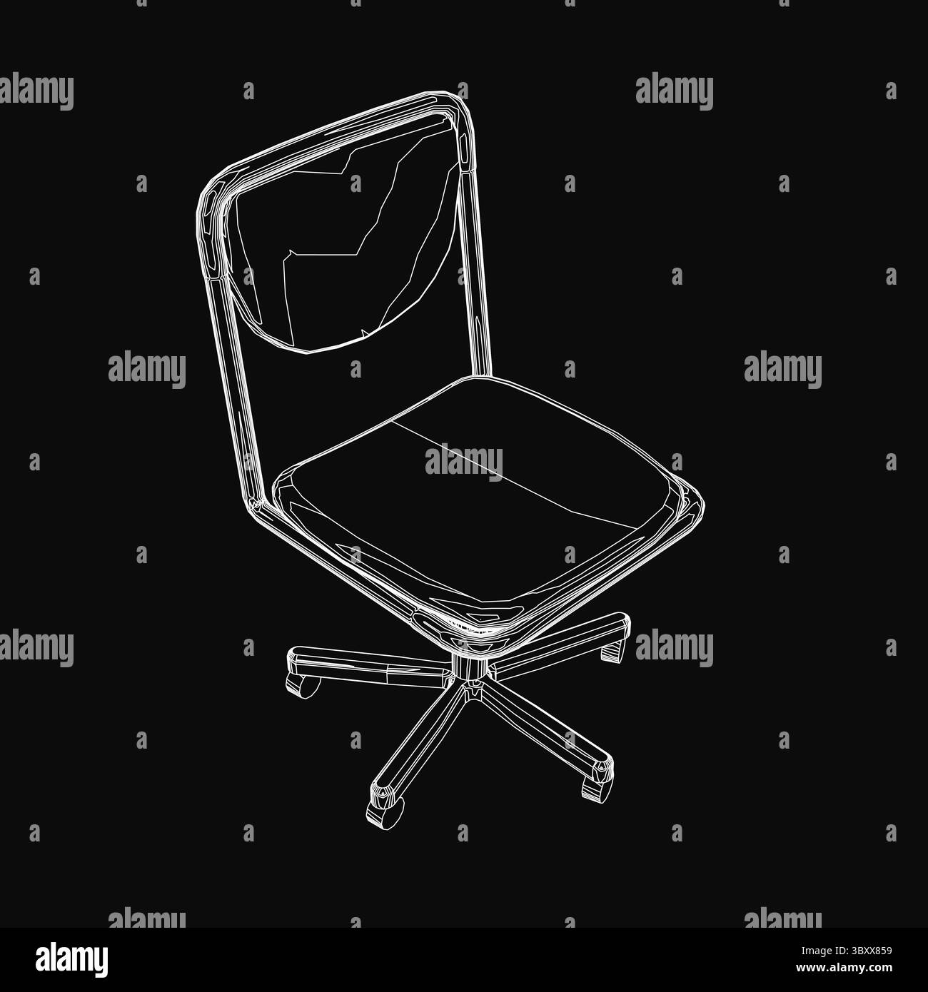 Ein 3D-Modell eines modernen Bürostuhls mit geschwungener Rückenlehne und Armlehnen, realistisch auf schwarzem Hintergrund dargestellt. Der Sitz ist neutral gepolstert Stock Vektor