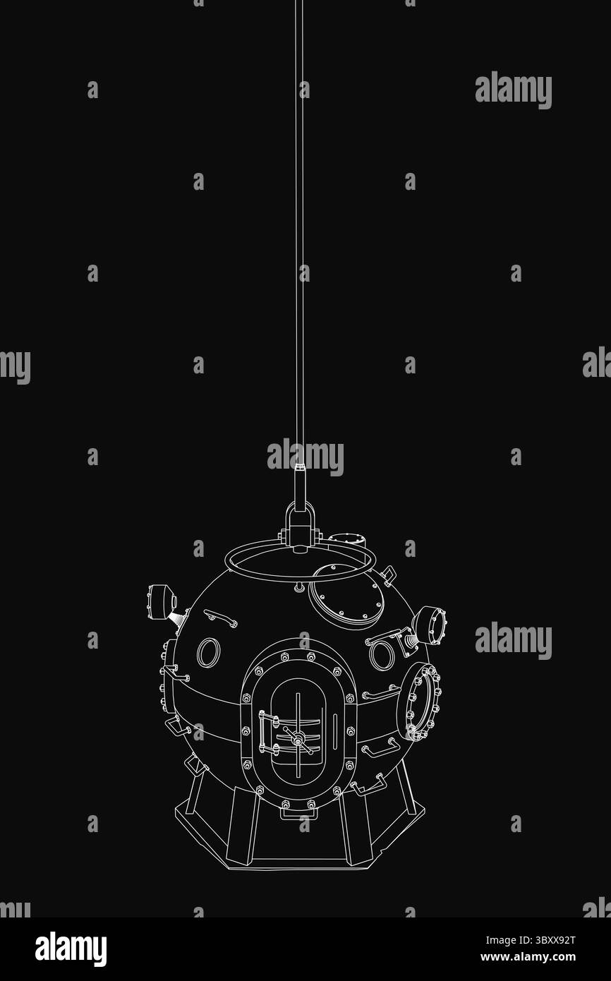 Ein schwarz-weißes Vektor-U-Boot hängt an einem Seil vor einem dunklen Hintergrund, mit klaren Konturlinien und einer schlanken Kapselform. Die Minimalis Stock Vektor