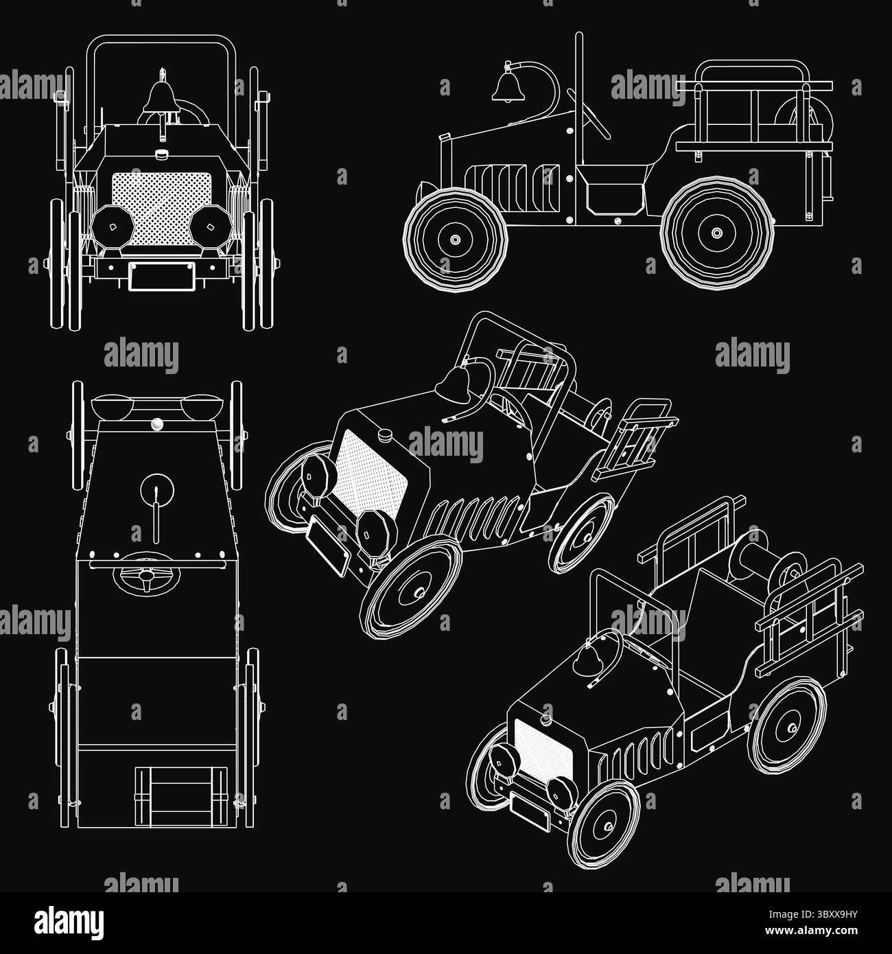 Oldtimer mit einzigartigem Retro-Design zeichnen sich durch einen eleganten schwarzen Hintergrund aus. Jedes klassische Fahrzeug verfügt über aufwändige Details und zeigt das Timel Stock Vektor
