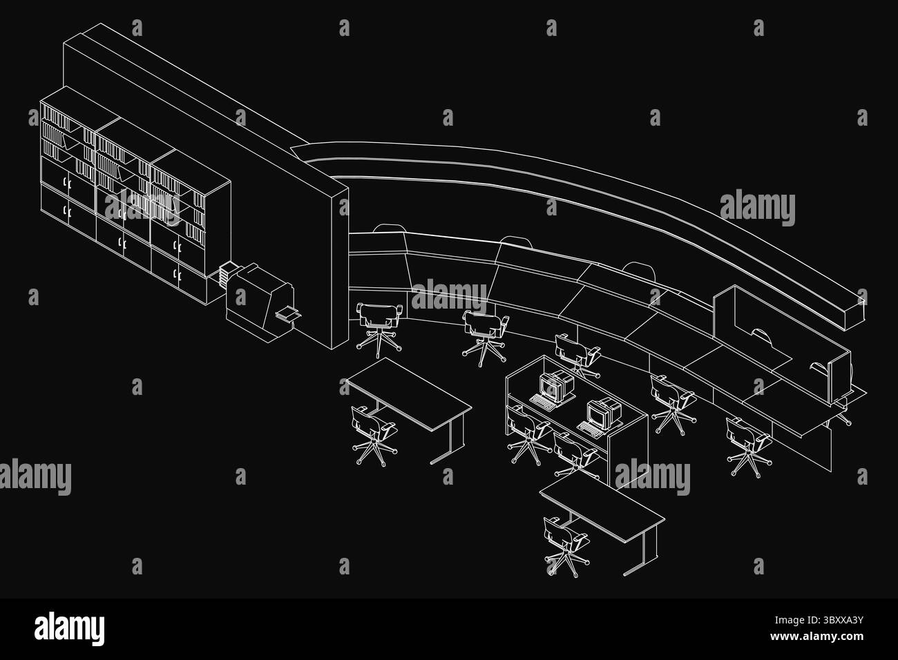 Eine schwarz-weiße Zeichnung eines modernen Bürobereichs mit einem geschwungenen Schreibtisch, Stühlen und einem eleganten Schrank. Der dunkle Hintergrund verbessert den professionellen geldautomaten Stock Vektor