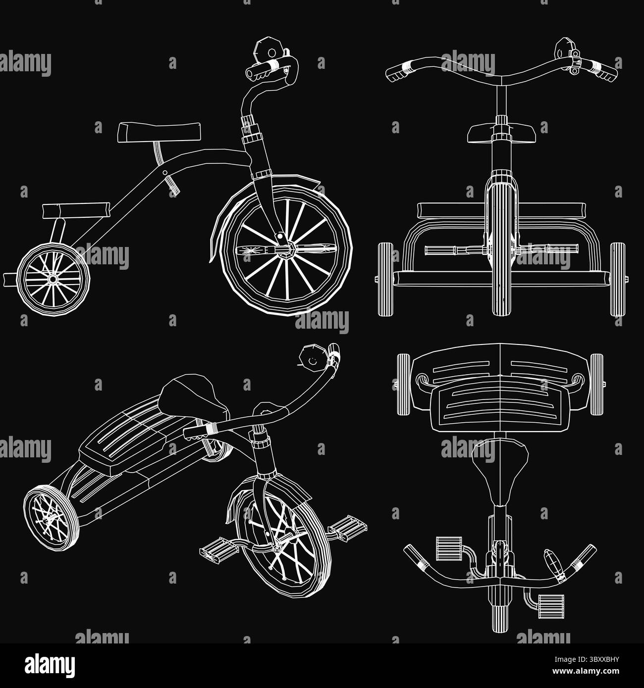 Vier bunte Dreiräder für Kinder, die in einer Reihe auf einem eleganten schwarzen Hintergrund angeordnet sind, jedes mit einem einzigartigen Design und lebhaften Farbtönen. Die moderne Styles Stock Vektor