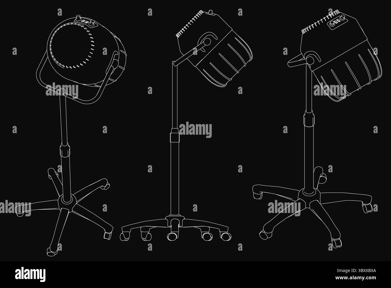 Drei elegante schwarz-weiße Friseurhaine in moderner Dreiecksform, mit dem höchsten in der Mitte und zwei kleineren auf jeder Seite. Th Stock Vektor