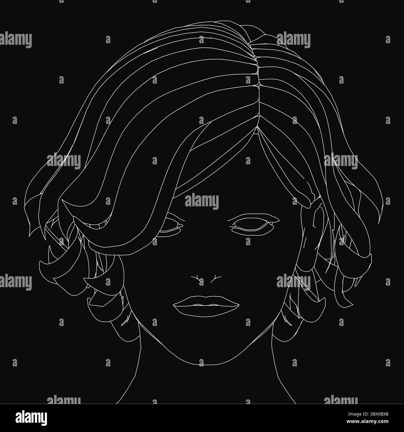 Eine schwarz-weiße Linienzeichnung des Kopfes einer Frau mit zarten Merkmalen vor dunklem Hintergrund. Die minimalistische Illustration konzentriert sich auf das Gesicht Stock Vektor